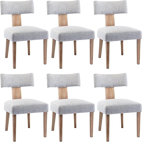 Miniatura 15 de Juego de 6 sillas de comedor modernas, cómodas sillas laterales tapizadas con patas de madera, sillas de comedor de tela de lino con respaldo