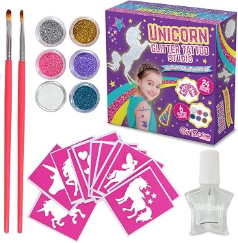 GirlZone Unicorn Glitter Tattoo Kit - 33-Piece Metallic Sparkle & Heart Stencils - Glitter Unicorn Temporary Tattoos & Face Paint Stencils for Kids 3+
