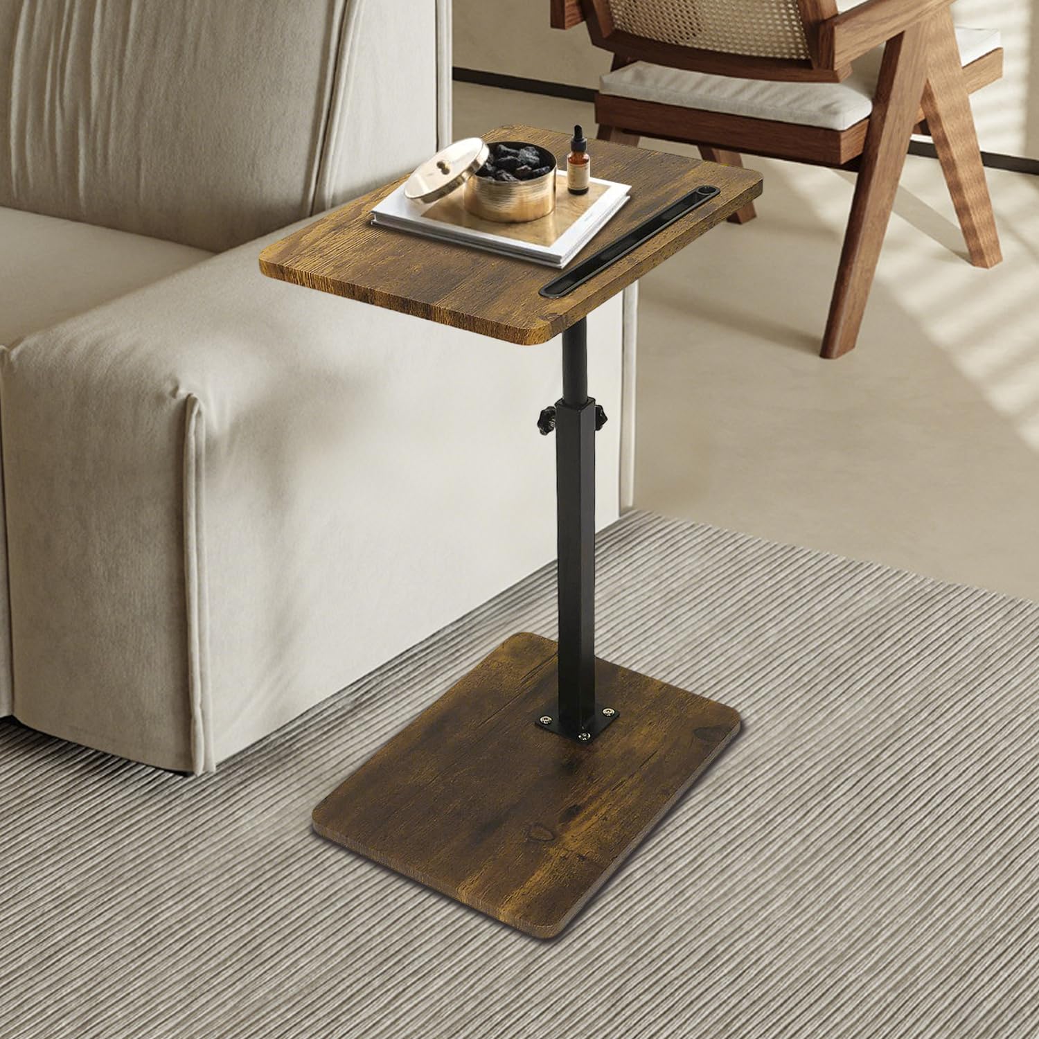 Simcat C Shaped Side Table,360 Degree Swivel Height Adjustable End Table,Sofa Armrest Tray Table (Brown)