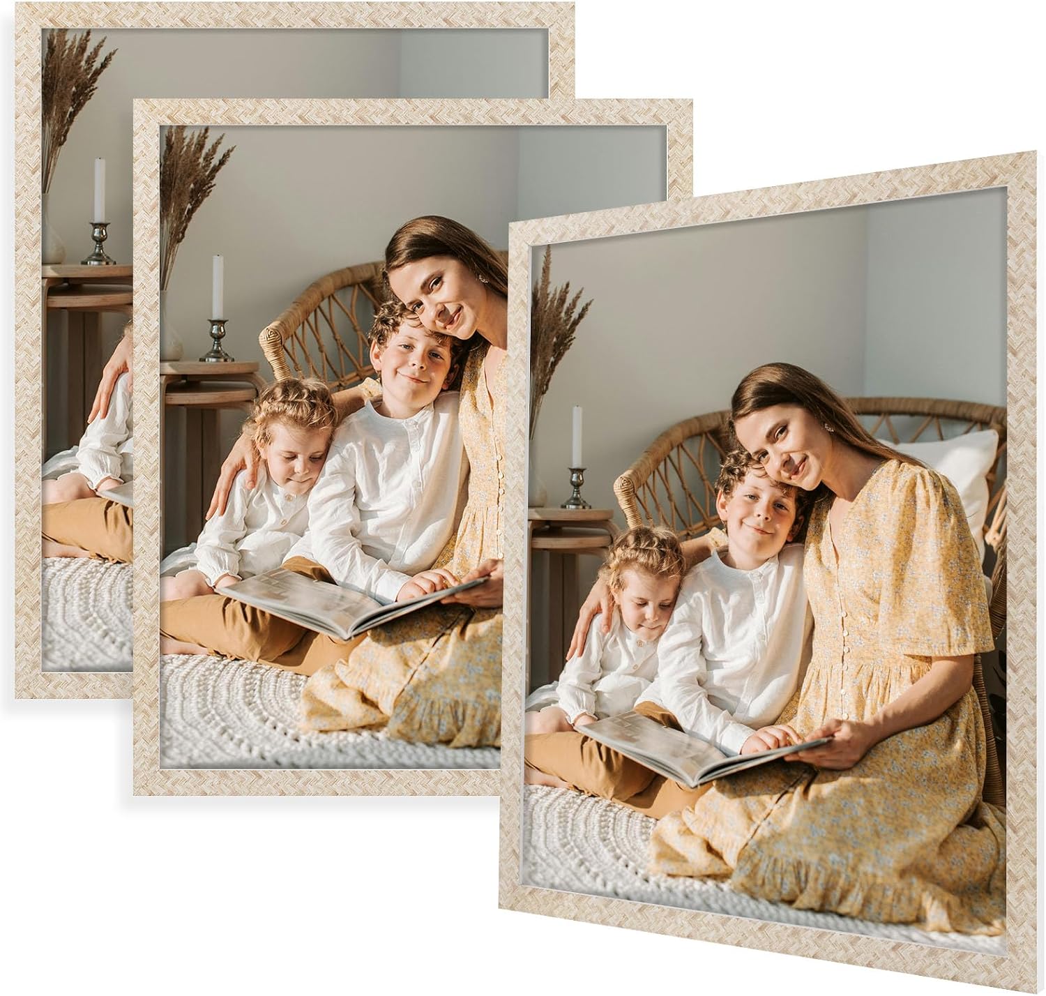 Golden State Art 16x20 Picture Frame Set of 3, Rustic Farmhouse Wall Decor Photo Frames with Plexiglass for 16x20 Photos, Posters, paintings & puzzles, Weaving Light Brown