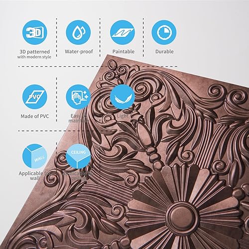 Miniatura 7 de Art3d - Azulejos decorativos para techo 2 x 2 con pegamento, para colocar en el techo, 24 x 24, paquete de 12 piezas de flores españolas en cobre