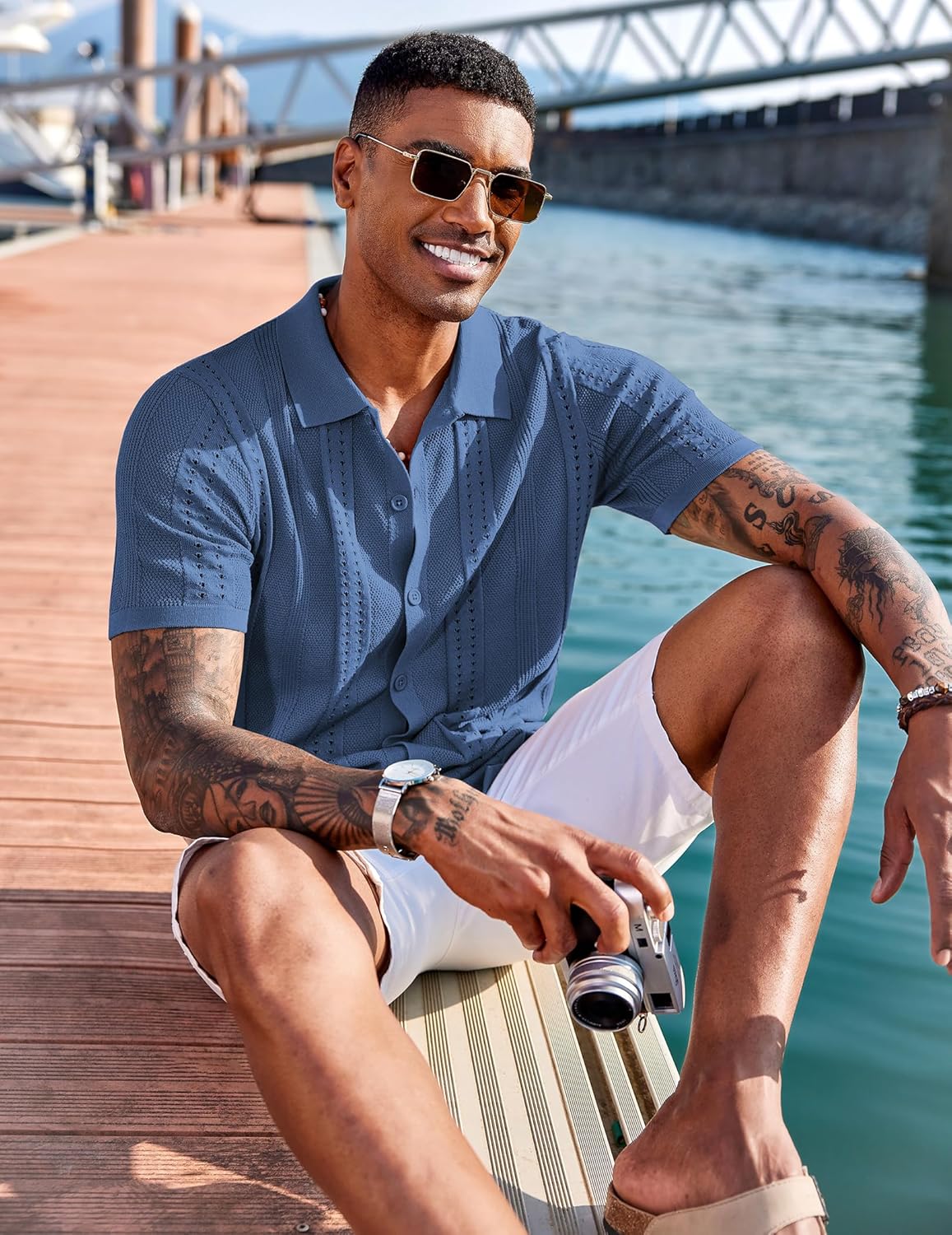 COOFANDY Men's Knit Shirts Short Sleeve Button Down Polo Shirt Fashion Casual Summer Beach Shirts - Image 7