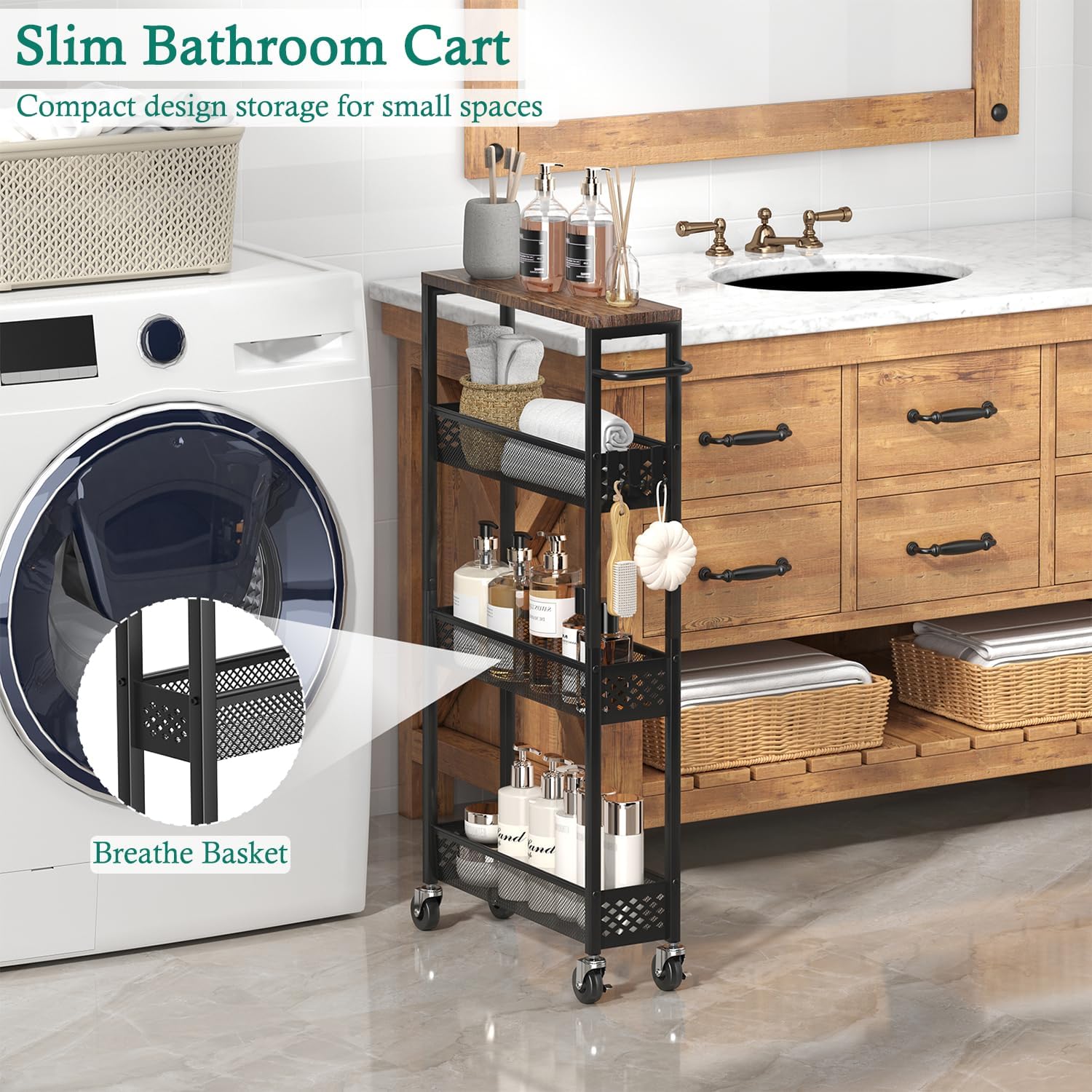 Slim Storage Cart 4 Tier Narrow Kitchen Rolling Cart on Wheels for Small Space, Mobile Utility Cart Shelving Unit with Wooden Top and Metal Handle for Kitchen, Bathroom, Laundry Room - Image 3