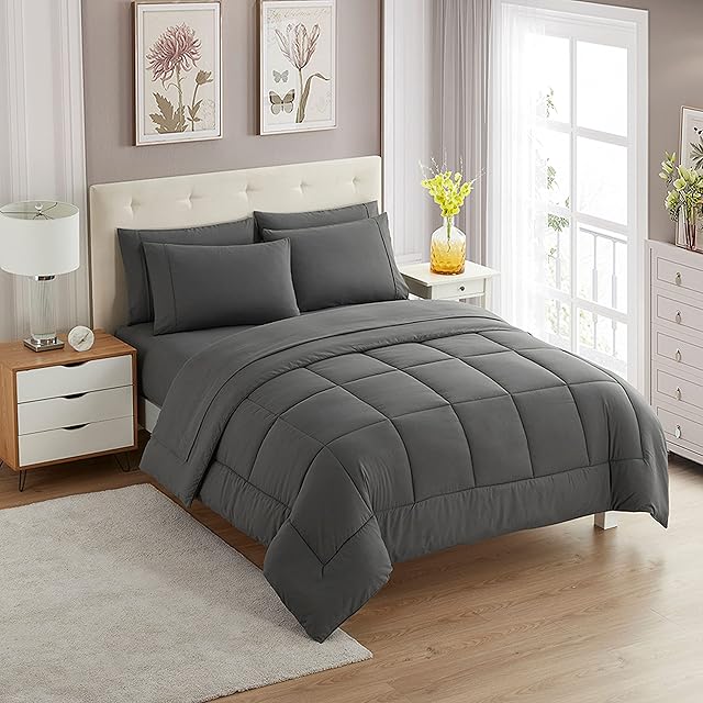 Sweet Home Collection 7 Piece Comforter Set Bag Solid Color All Season Soft Down Alternative Blanket & Luxurious Microfiber Bed Sheets, Gray, King (Pack of 3, 21 Count Total)