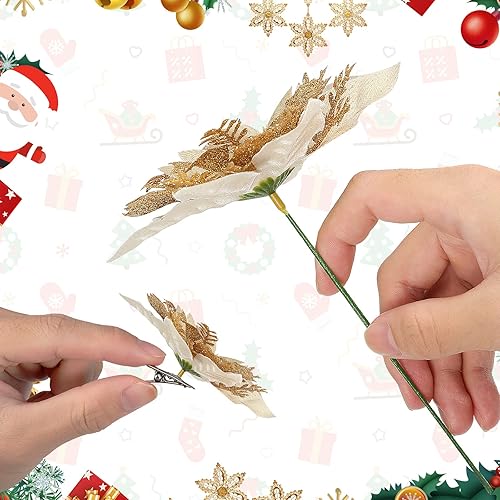 Miniatura 7 de Decoración de flores de Pascua de Navidad, 12 piezas artificiales de flor de pascua roja dorada para árbol de Navidad con purpurina para Navidad,