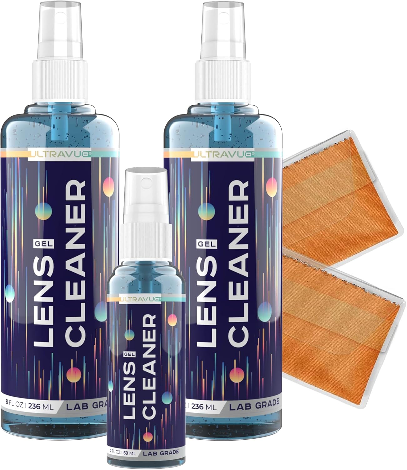 Eyeglass Gel Lens Cleaner Spray Kit – 2 x 8oz and 1 x 2oz Gel Eyeglasses Cleaner Spray Bottle + 2 Microfiber Cloth for Cleaning – Safe for All Lenses (AR Coated Included)