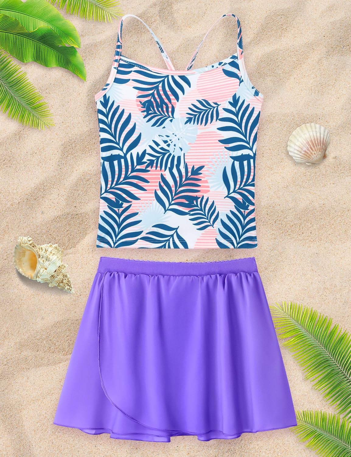 Girls Swimsuit 3 Piece Sleeveless Bathing Suit Sets with Skirt Swimwear Rash Guard for Kids Beach UPF 50+ Sun Protection