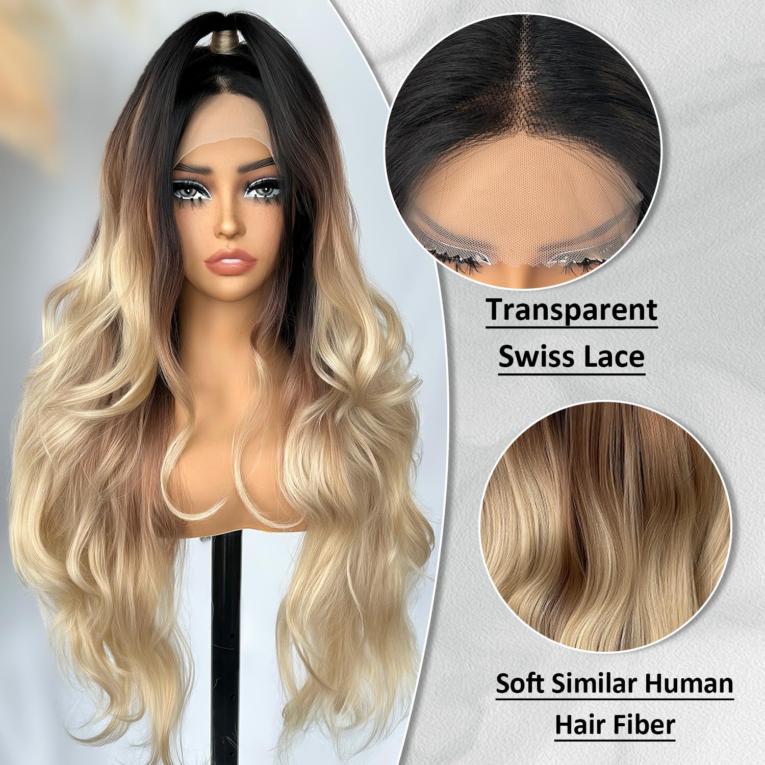 SOKU Lace Front Wavy Wigs for Women 30 Inch Ombre Blonde Body Wave Synthetic Hair Triple Tones T Part Transparent Swiss Lace Front Wig for Women