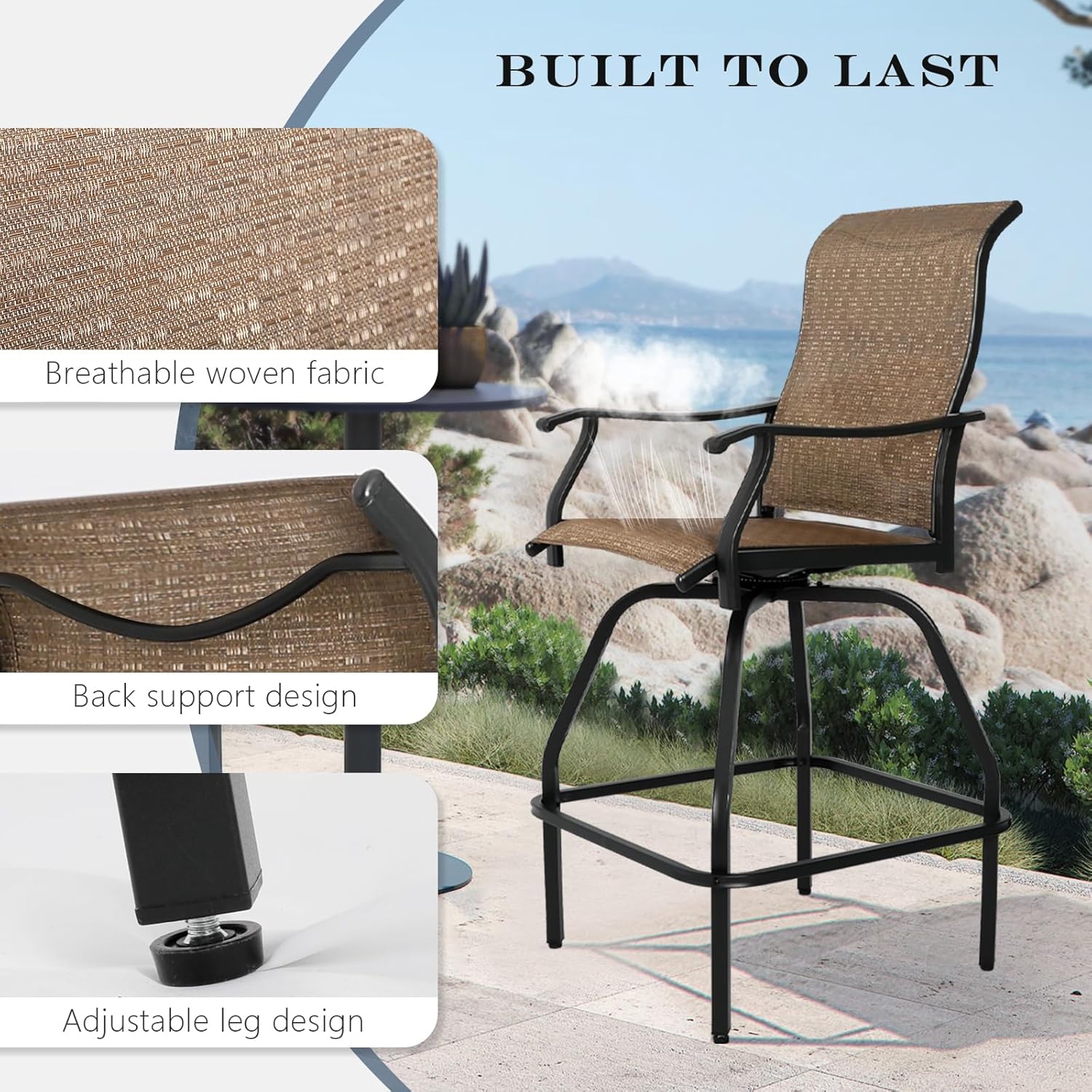LEVELEVE Patio Bar Set 2pcs Swivel Bar Stools Outdoor Bistro Textilene Furniture Stability All-Weather Set (2, Dark Brown Fabric)