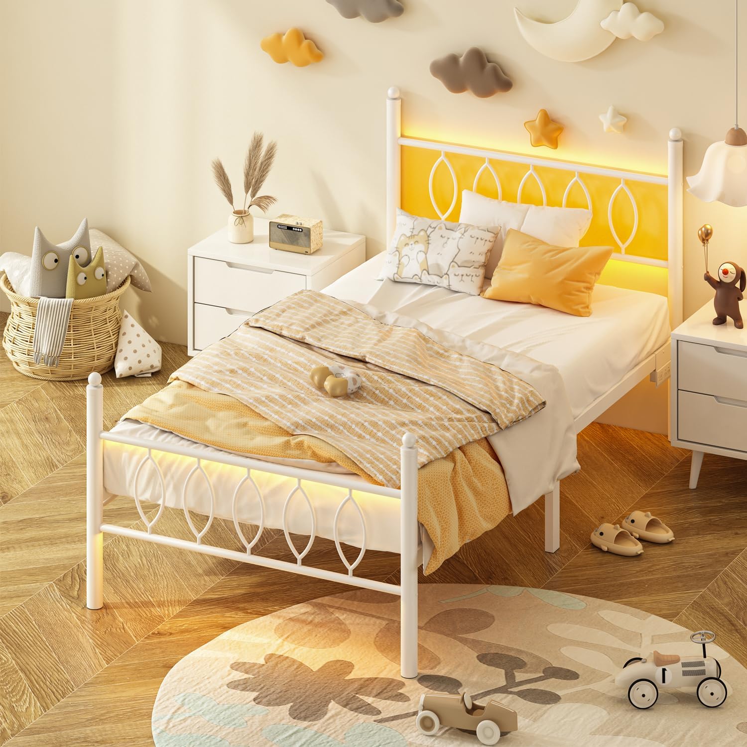 Twin Size Bed Frame with Headboard,White Metal Platform Bed Frame Twin Size with Charging Station & LED Lights,12-Inch Under Bed Storage,No Box Spring Needed,Noise Free,Easy to Assemble - Image 7