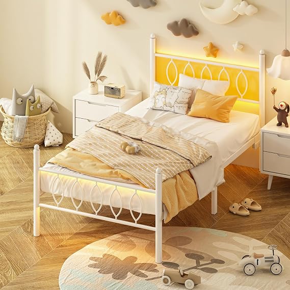 Twin Size Bed Frame with Headboard,White Metal Platform Bed Frame Twin Size with Charging Station & LED Lights,12-Inch Under Bed Storage,No Box Spring Needed,Noise Free,Easy to Assemble