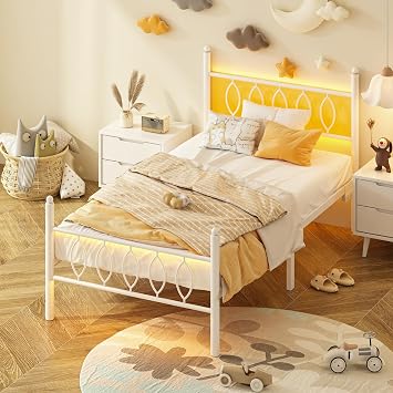 Twin Size Bed Frame with Headboard,White Metal Platform Bed Frame Twin Size with Charging Station & LED Lights,12-Inch Under Bed Storage,No Box Spring Needed,Noise Free,Easy to Assemble