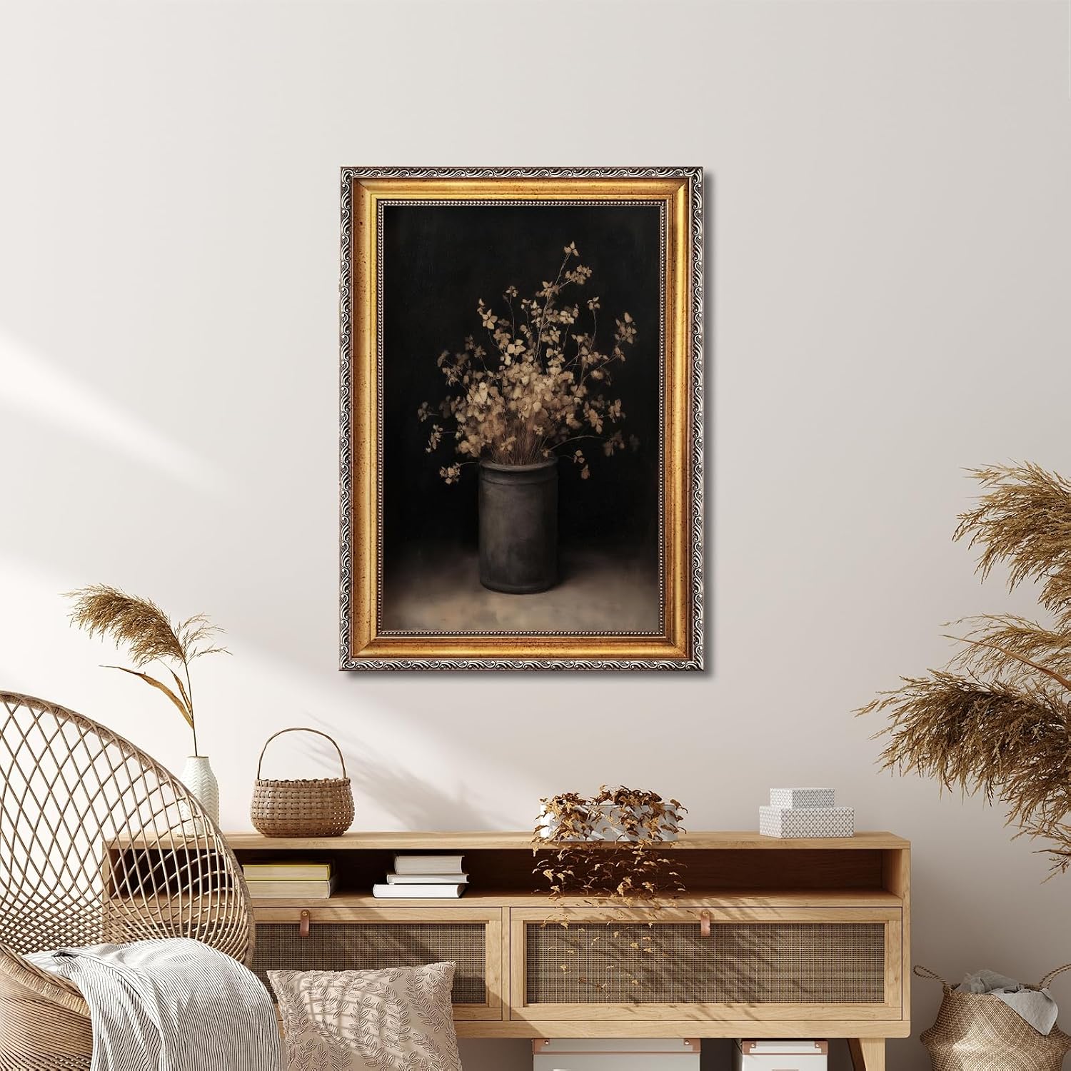 Gold Framed Vintage Floral Wall Art Classic Dark Academia Botanical Canvas Poster Print Rustic Minimalist Moody Dried Flowers Vase Painting Picture Gothic Victorian Bedroom Wall Decor 24x36inch