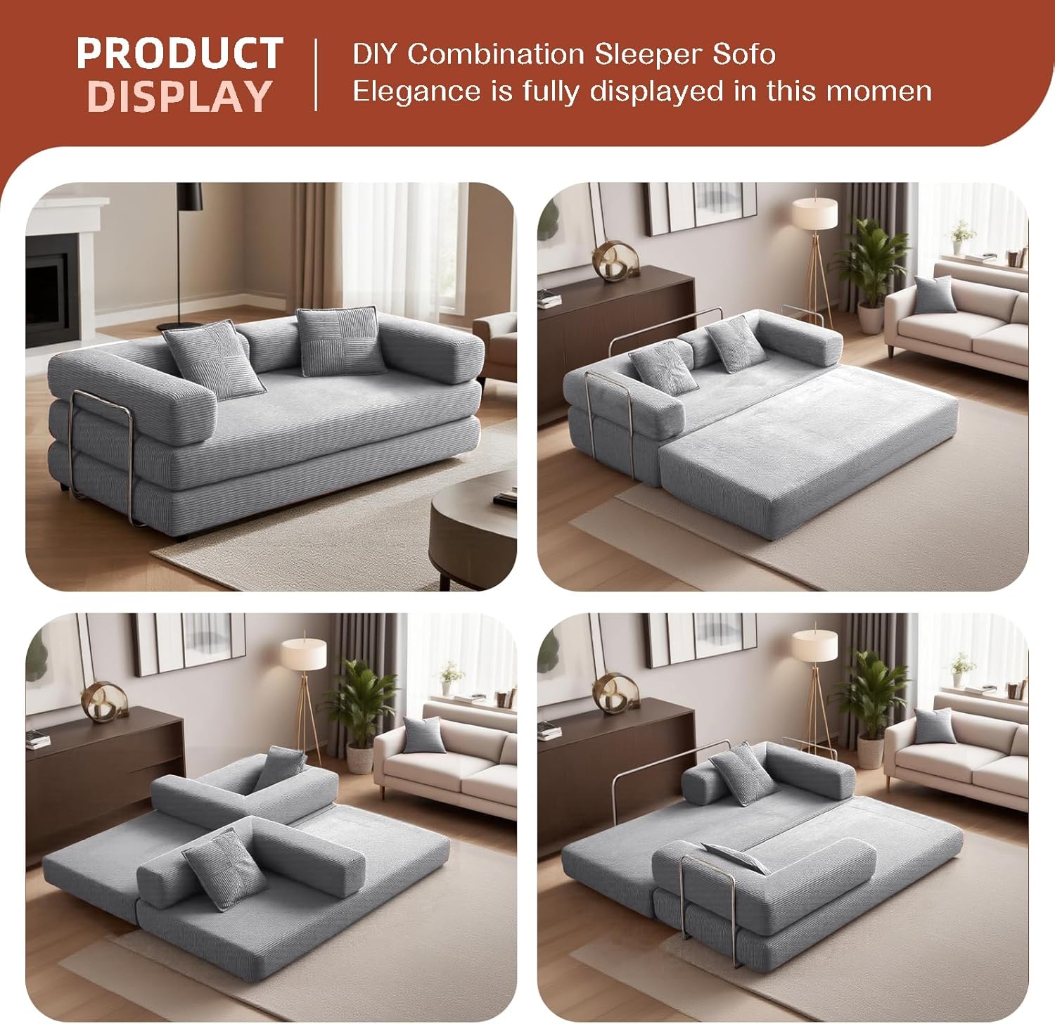 79" Convertible Sofa Bed with 2 Pillows, Fixed-Shape Frame, Removable Armrests, Corduroy Boneless Futon Sofa Bed, Modular Foldable Sleeper Couch for Living Room, Bedroom, Dorm（Beige Grey）