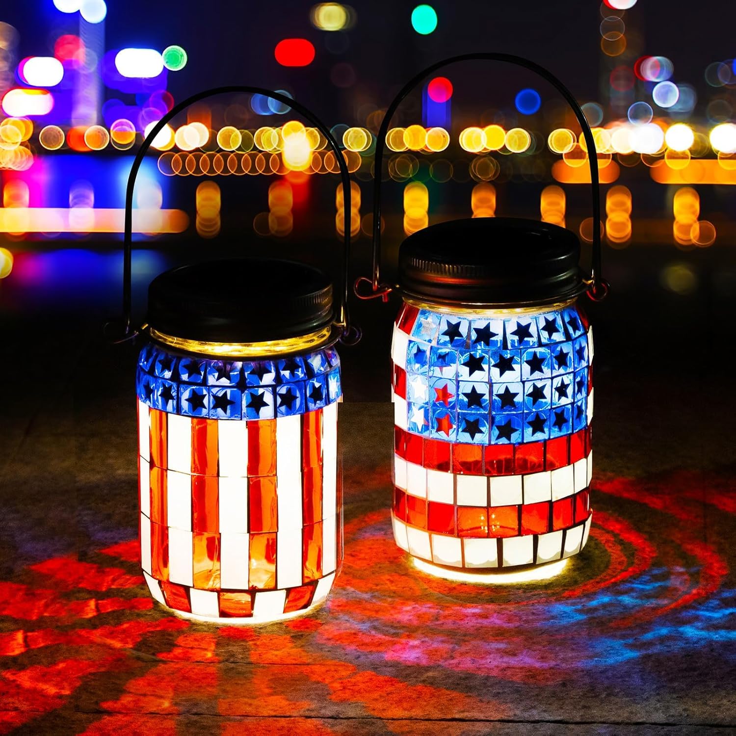 Solar Powered Mosaic Mason Jar Lights, Colorful Stained Glass Lanterns for Outdoor Garden Decor, 2 Pack (Orange and Blue)