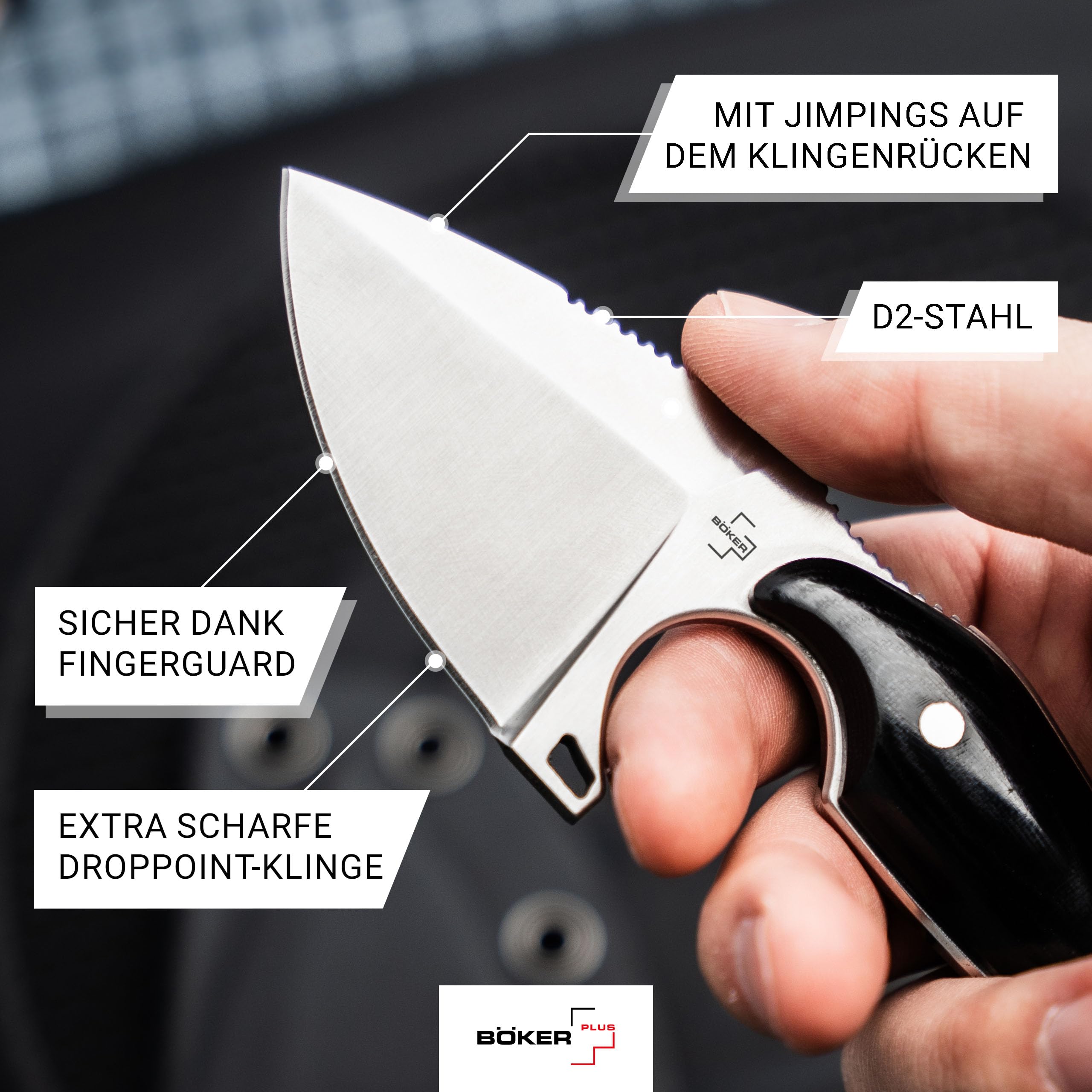BÖKER PLUS® Enki - kleines Full Tang Messer mit Kydexscheide - taktisches Messer mit 5,6 cm D2 Droppoint Klinge feststehend - Neck Knife 42a konform - Backup Messer mit Micarta Griff schwarz & Ring