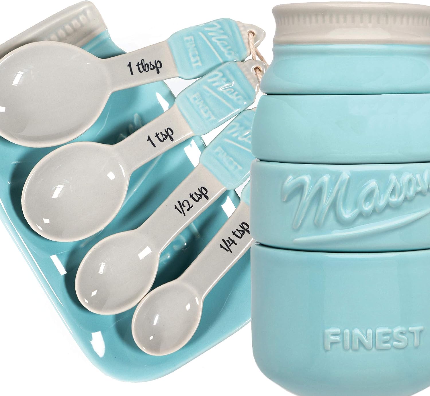 Mason Jar Kitchen Utensil Set - Includes Measuring Cups + Spoon Rest + Measuring Spoons (Blue)