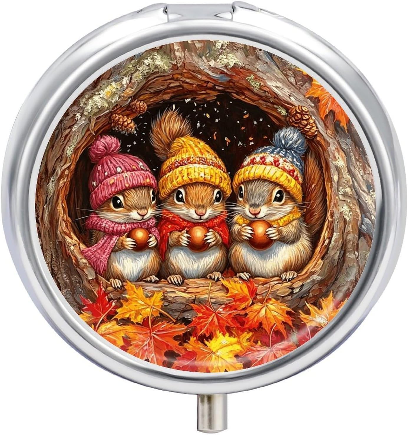 Autumn Squirrels Round Pill Box with 3 Compartments & Mirror