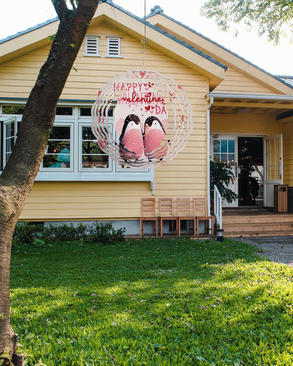 Happy Valentine's Day Wind Spinner 3D Stainless Steel, 12 in Round Double Sided Circle Hanging Wind Spinners, Cute Penguins Love Hearts Pink Garden Art Wind Sculpture for Yard Porch Front Door