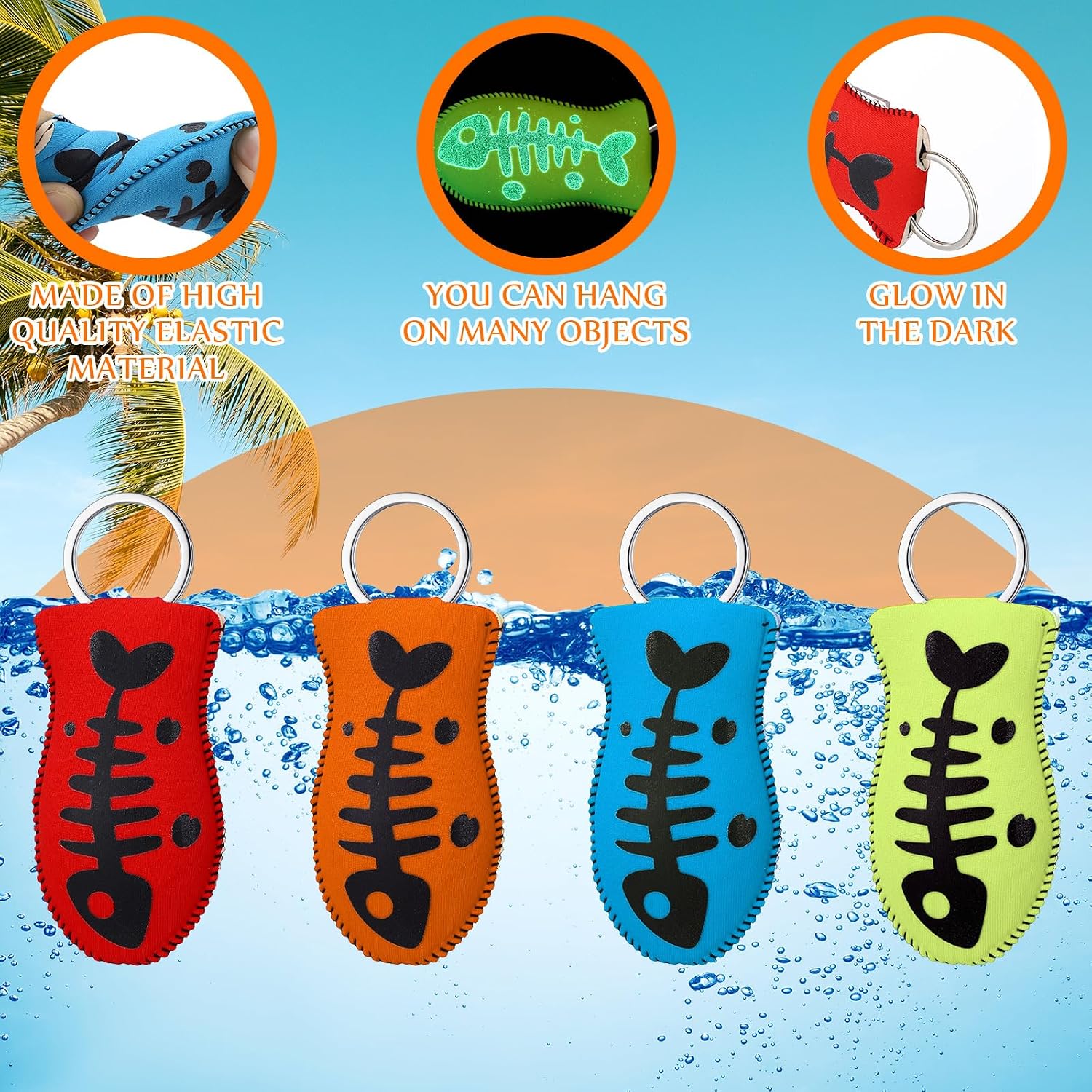 Lewtemi 4 Pcs Floating Keychain Glow in Dark for Boat Keys Fish Shape Floating Boat Keychain Waterproof Bright Color Key Rings Pendant for Fishing Surfing Sailing Kayak