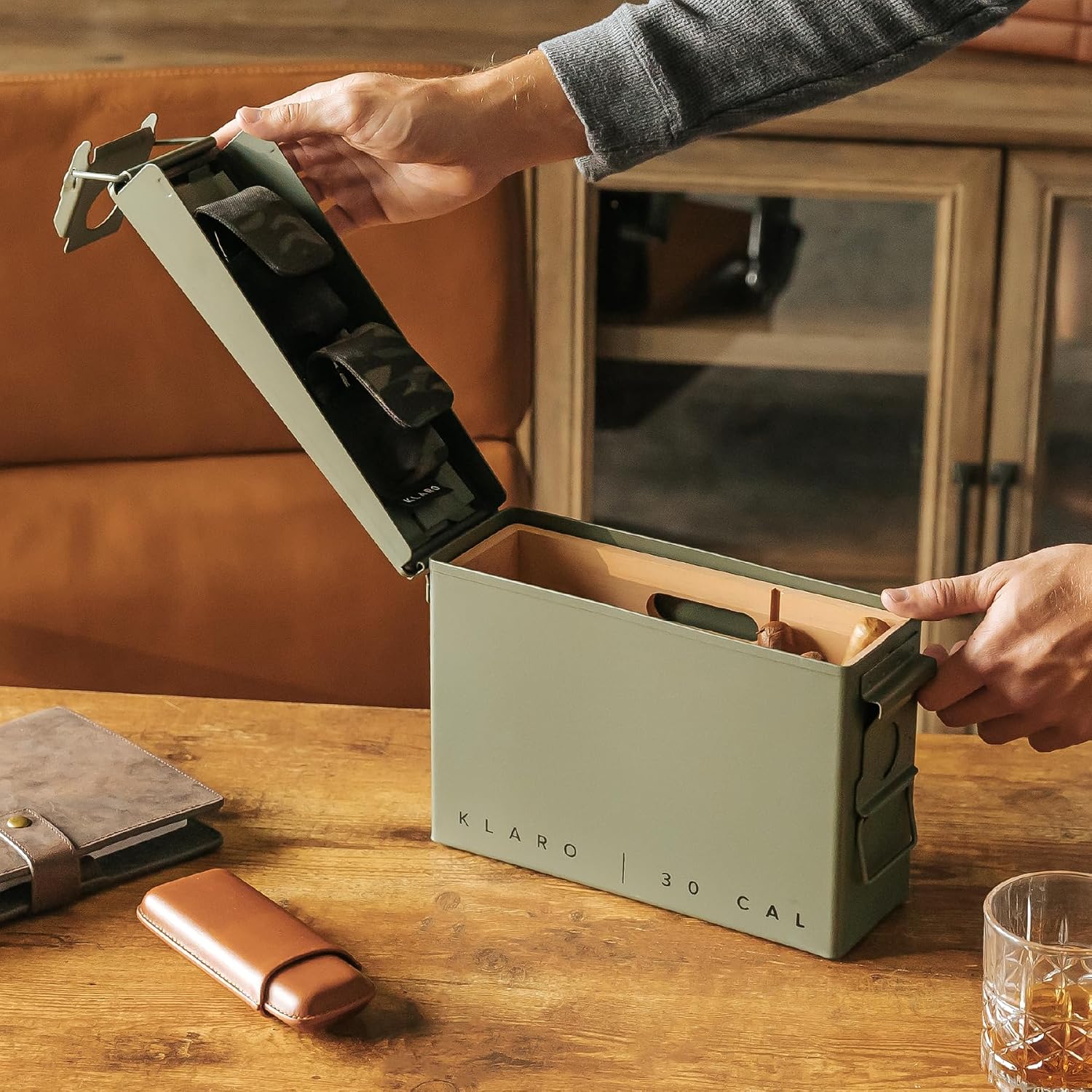 CASE ELEGANCE - The Smoke Can 30CAL Humidor, Thick Metal Ammo Box, Spanish Cedar Shelves, Army Green Finish, Magnetic Accessory Case - Holds 15-30 Cigars