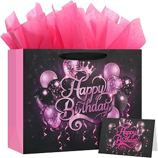 Pink Birthday Gift Bag with Tissue Paper and Greeting Card, 12.6“ x9.9"x4.3" Happy Birthday Gift Bags for Party, Balloon Design Gift Wrap Bags Decor for Men, Women and Kids, 1 PCS, Medium Size