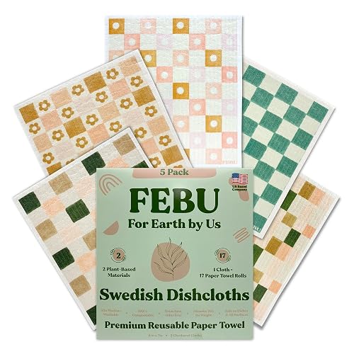 FEBU Swedish Dishcloths for Kitchen | 5 Pack Checkered Reusable Paper Towels | Reusable Paper Towels Washable | Non-Scratch Cellulose Sponge Cloths | No Odor, Biodegradable, Swedish Cloths - Checkered - 5 Count (Pack of 1)