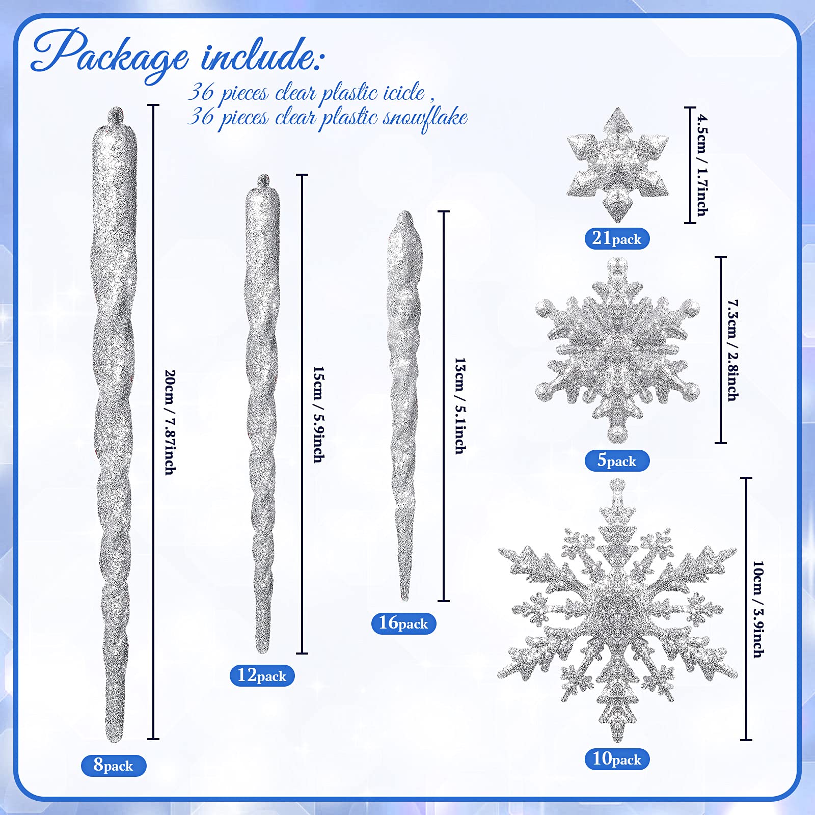 72 Stücke Acryl Eiszapfen Weihnachten Schneeflocke Eiszapfen Ornamente Hängende Eiszapfen Tropfen Ornamente Schneeflocke Eiszapfen Dekorationen Set für Weihnachtsbaum Dekoration (Silber)