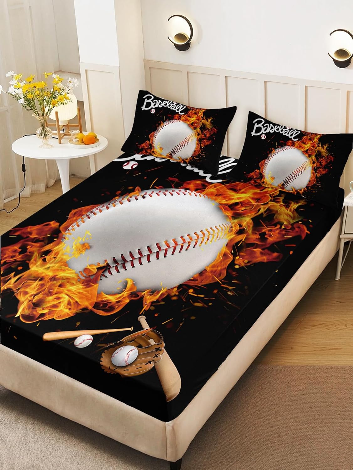 HOSIMA Baseball Fitted Sheet & Pillowcases - Queen Size, Sports Theme Bedding Set with Burning Fire Print