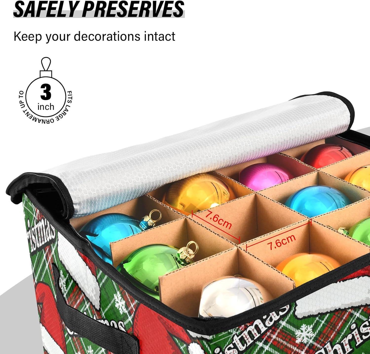 High Capacity Christmas ornament storage bag Holds Up to 64, Two Handles Holiday Storage Case with Lid,Merry Christmas Red Santa Hat