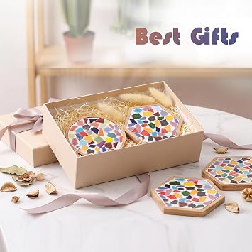 Nuyoach Mosaic Tiles Crafts Kits for Adults,2 Sets DIY Glass Mosaic Craft with Wooden Coaster Making Materials Package for Women Seniors,Ceramic Mosaic Art Bulk Gifts for Home Decor Summer Party