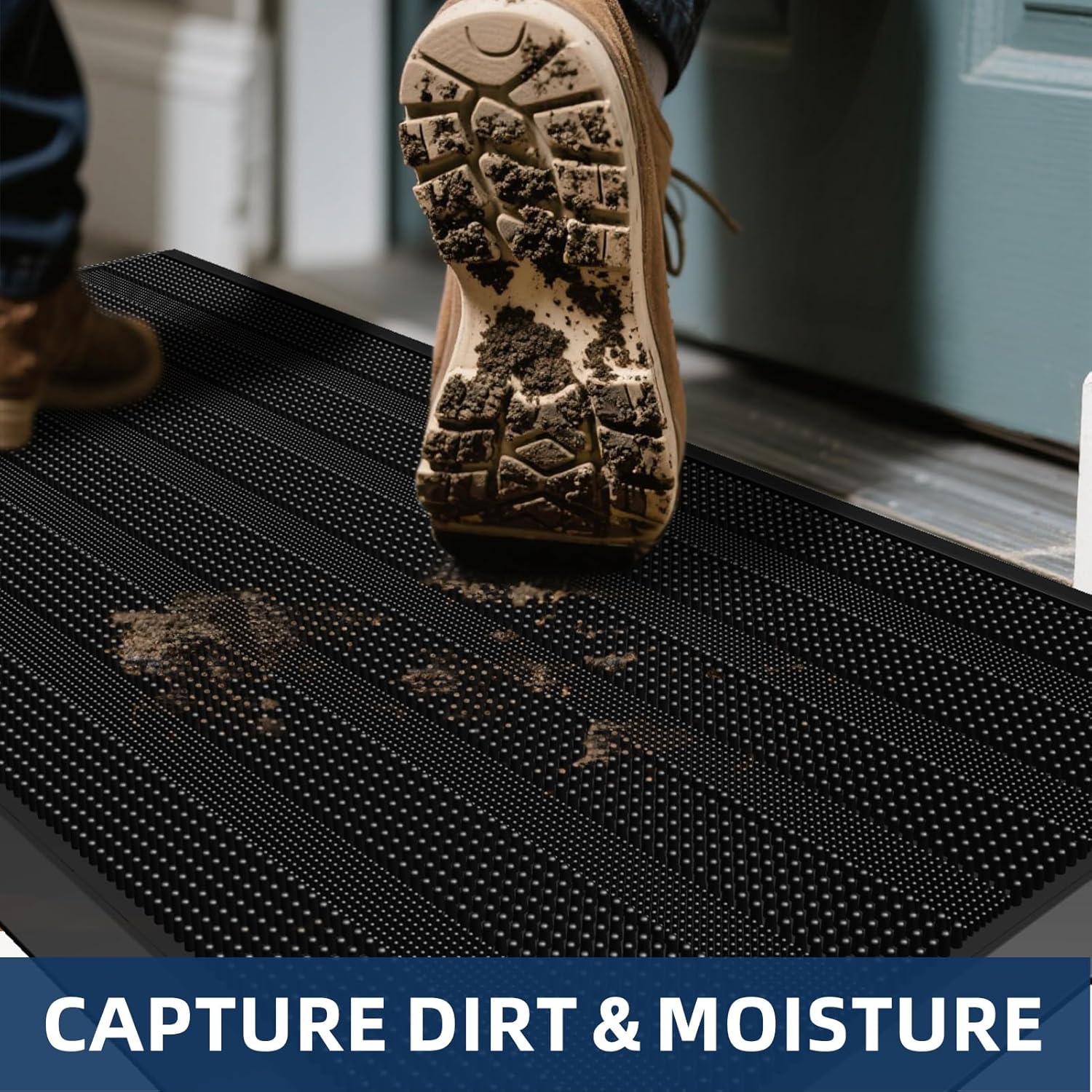 Mibao Front Door Mat Entrance, Waterproof All Weather All Season Non-Slip Rubber Welcome Mat, Dirt Trapper Low-Profile Heavy Duty Mud Doormat for Patio Entryway Garage Pool, 17" x 36", Black