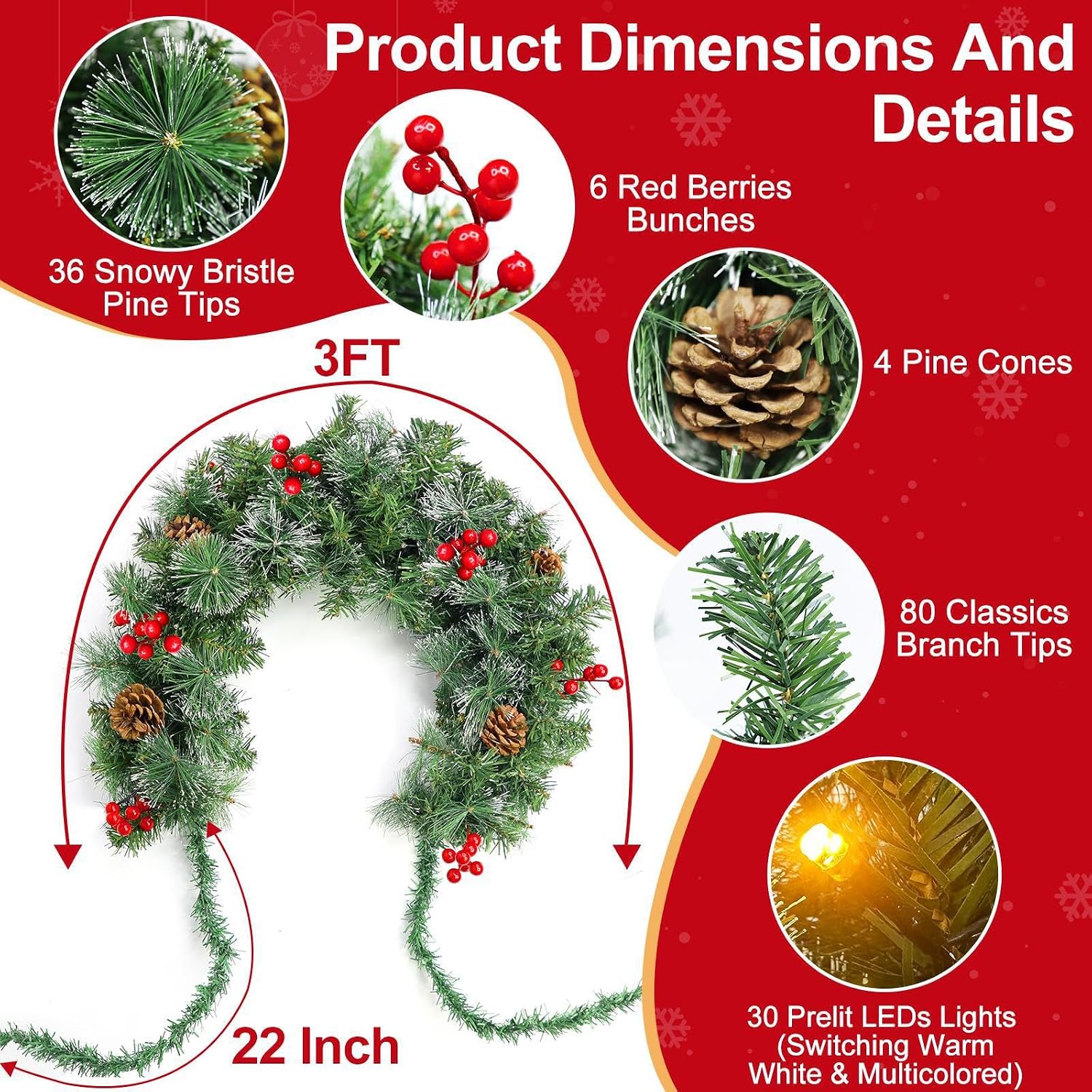 3 Ft Artificial Christmas Mailbox Swag, Pre-lit Mailbox Christmas Decorations with 30 Warm White & Multicolored LED Lights Red Berry Clusters Pinecones 8 Lightmodes Timer for Xmas Holiday Home Decor