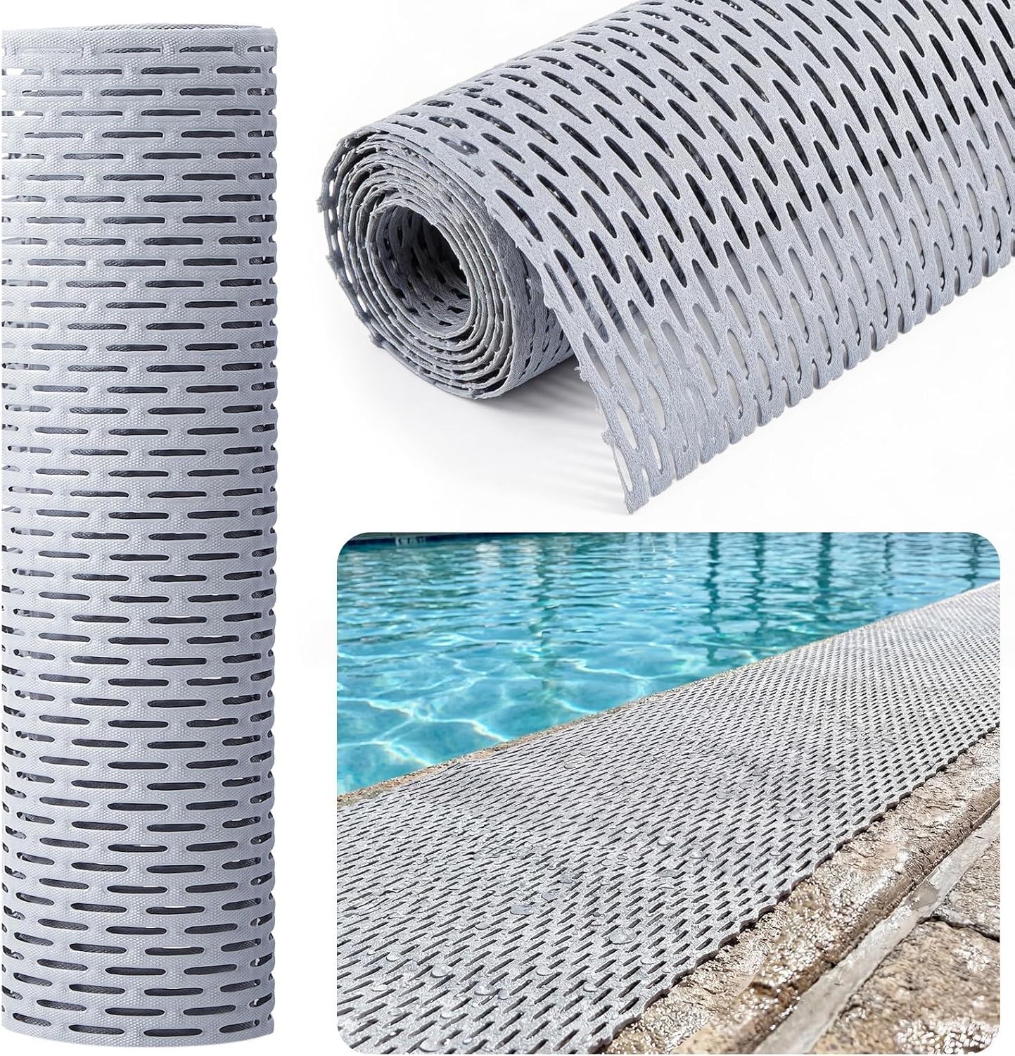 Nuanchu 1.3 x 10 ft Drainage Pool Mats Non Slip Swimming Pool Floor Mat PVC Outdoor Indoor Doormat with Holes for Bathroom Garage Basement Backyard Patio Restaurant Kitchen Commercial Bars, Gray