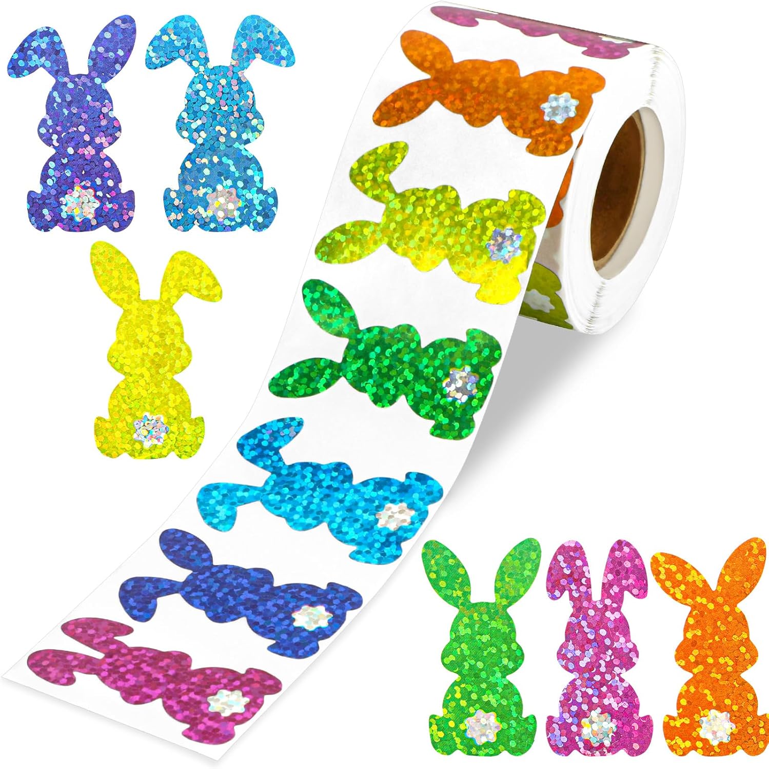 SANNIX 500Pcs Easter Rabbit Stickers Roll Shiny Glitter Bunny Shape Seal Stickers Self-Adhesive Decals for Envelope Journal Gift Decor DIY Craft Easter Party Favor