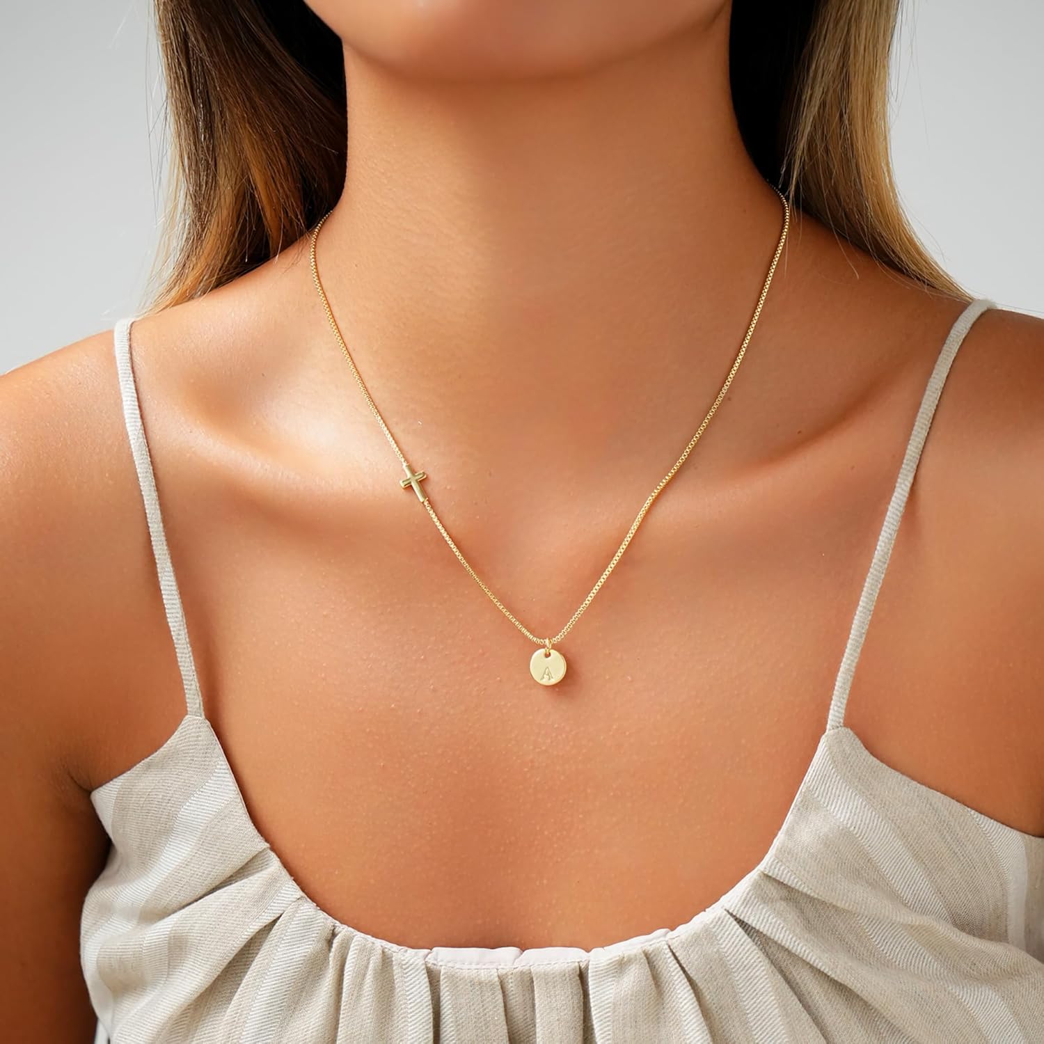Valentines Day Gifts for Kids Teen Girls - Dainty 14K Gold Plated Sideways Cross Disc Initial A-Z Pendant Necklace Trendy Baptism Religious Faith Jewelry Birthday Valentines Gifts for Women Girls - Image 2