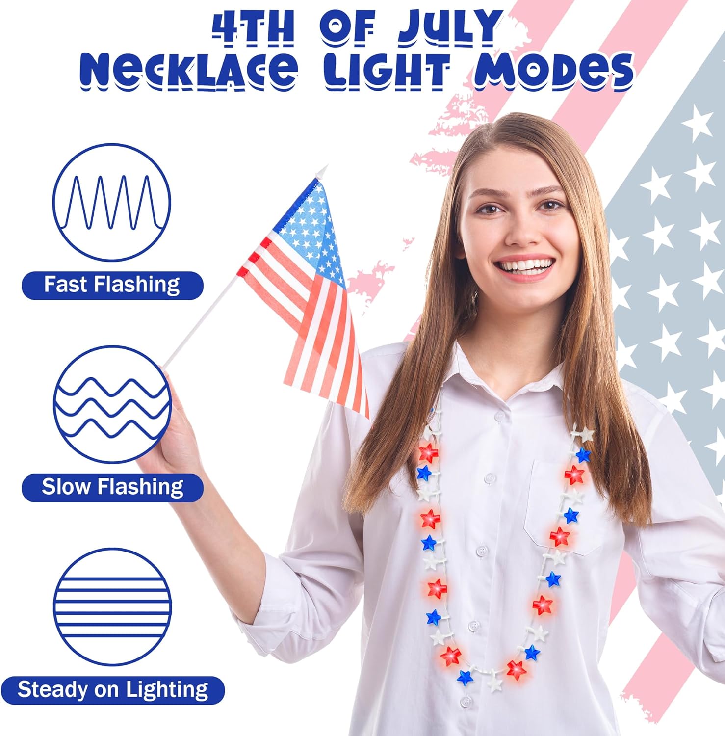 4th of July Accessories, Light up Necklace Independence Day, Red White Blue Star Patriotic Fourth of July Necklace Party Favor, Glow Star Accessories for Memorial Day / Veterans Day Parades Party
