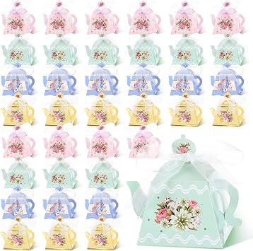 Seajan 48 Tea Party Favor Boxes Floral Teapot Candy Gift Pots Vintage Flower Party Decorations for Tea Garden Wedding Bridal Baby Shower Birthday 4 Styles Novel