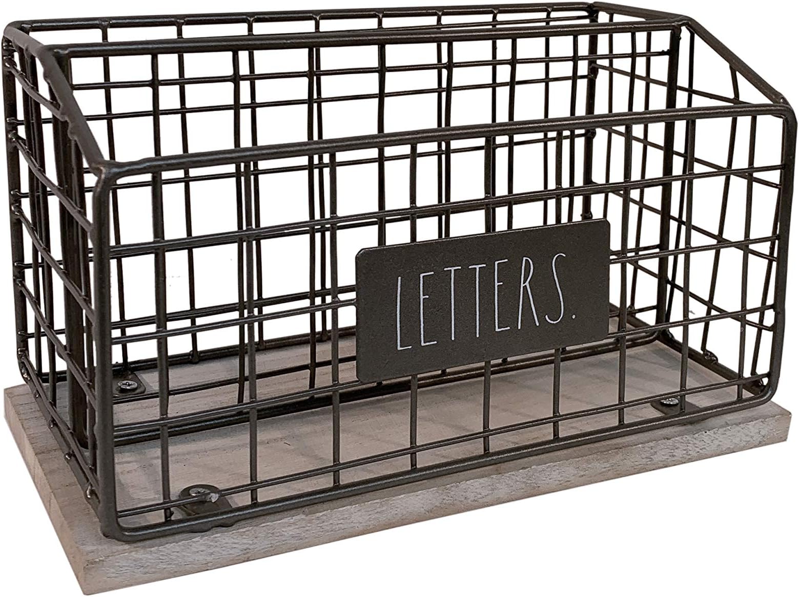 Rae Dunn Desktop Letter Holder – 2 Compartment Mail and Stationary Table Top Organizer – Chic and Stylish Steel and Solid Wood - “Letters” Print - for Home and Office