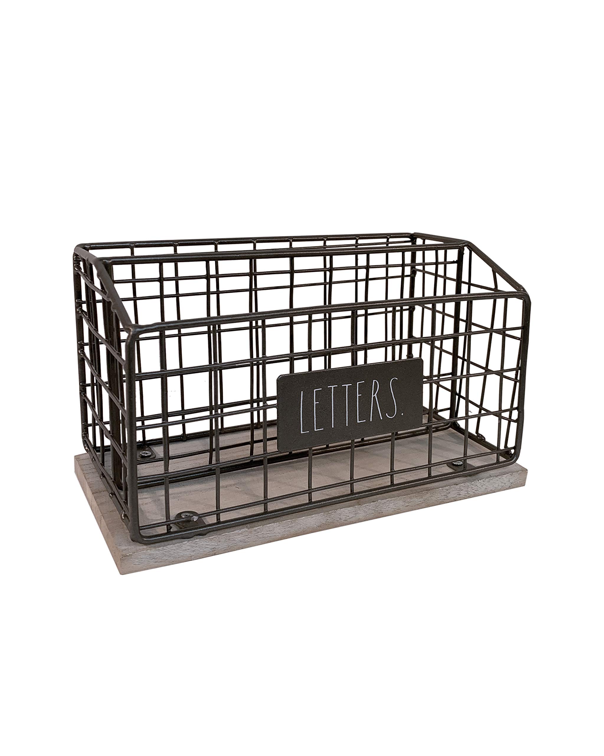 Rae Dunn Desktop Letter Holder – 2 Compartment Mail and Stationary Table Top Organizer – Chic and Stylish Steel and Solid Wood - “Letters” Print - for Home and Office