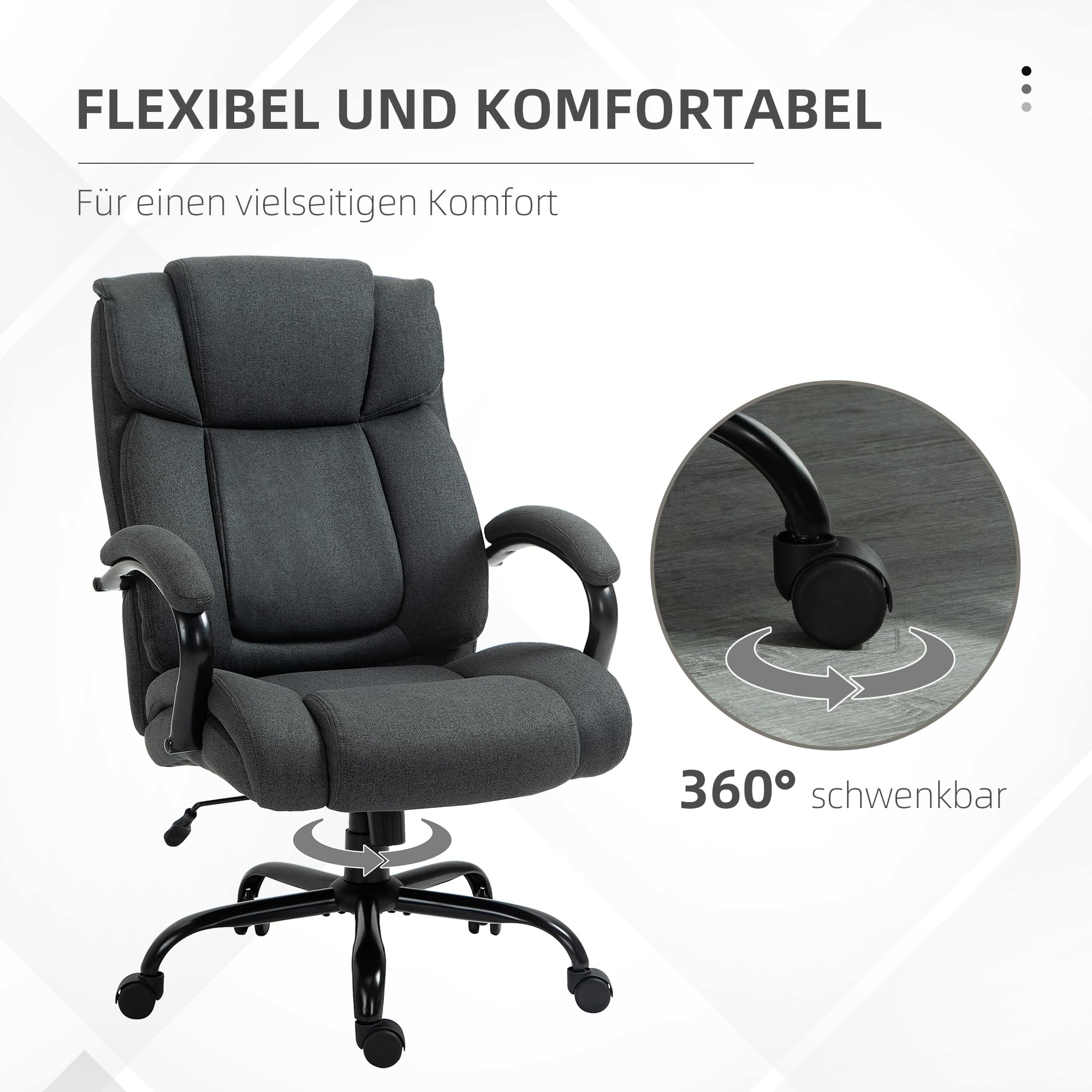 Vinsetto Bürostuhl, Ergonomischer Chefsessel bis 220 kg belastbar, Gepolsterter Schreibtischstuhl mit Armlehne, breit Sitz, Höhenverstellbarer Drehstuhl mit Wippfunktion, Leinenoptik, Dunkelgrau