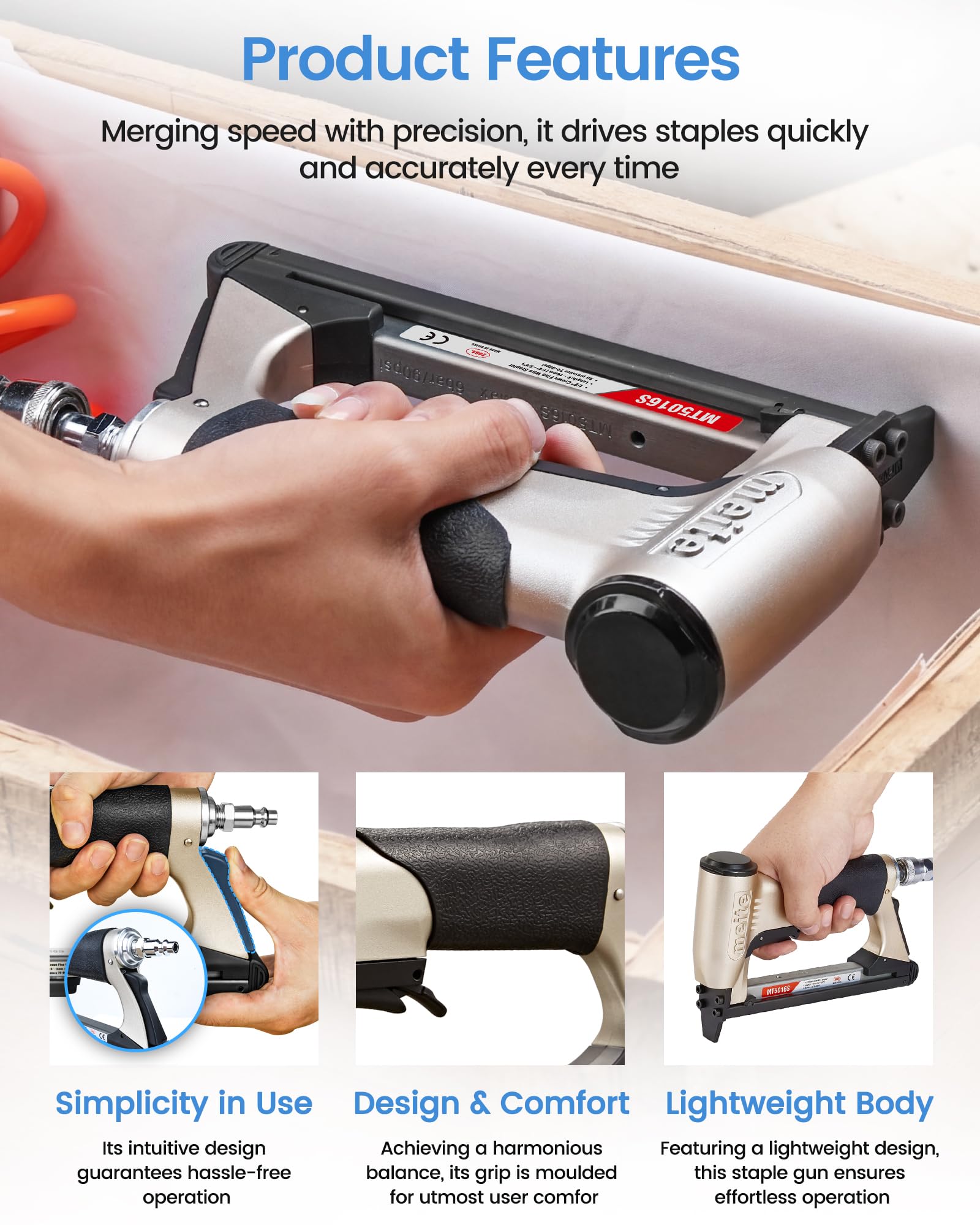 meite MT5016S - Pinzatrice pneumatica per tappezzeria, con interruttore di sicurezza per tappeti, funiture e lavorazione del legno, utilizza graffette tipo 50, lunghezza 6-16 mm