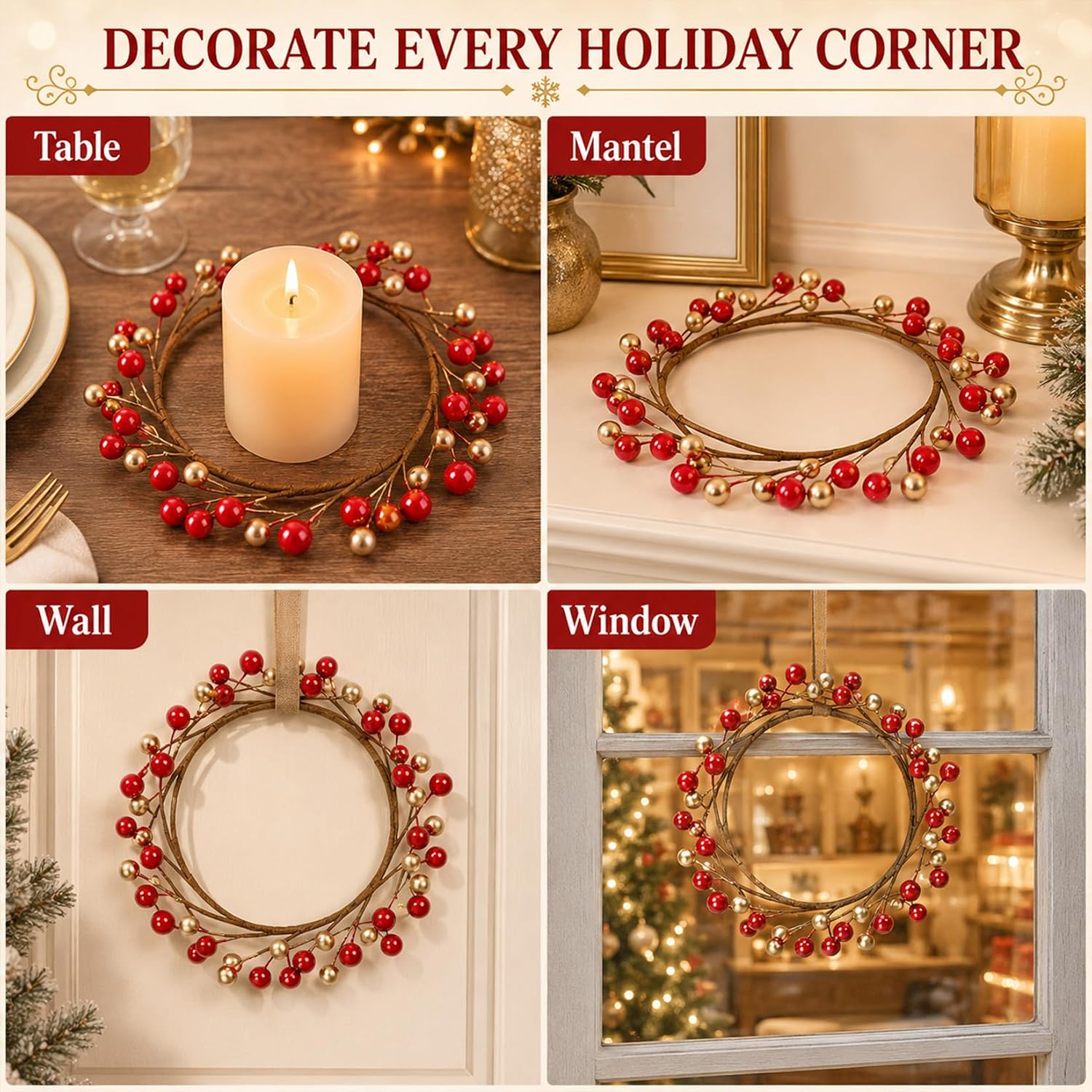 RAINFLOW Christmas Candle Rings Wreaths, 2PCS Mini Berry Candle Wreaths