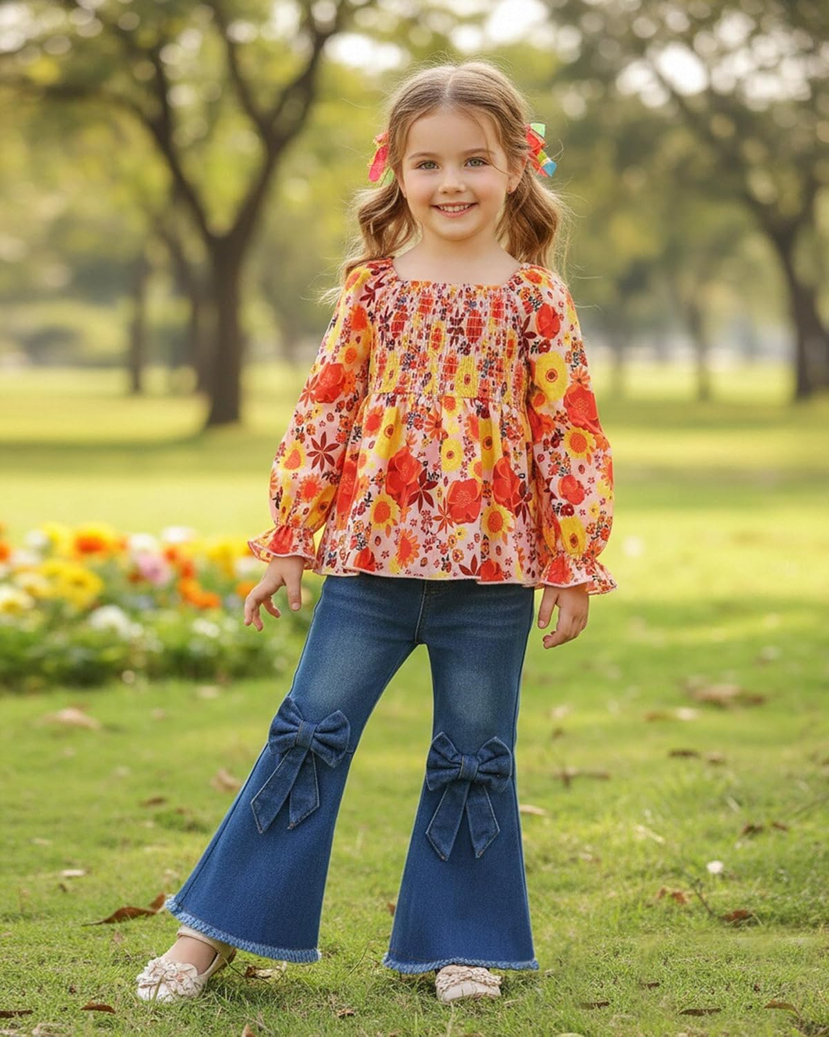 SODLON Toddler Baby Girl Clothes Little Girls Fall Winter Outfits Kids Smocked Shirt Bell Bottom Jeans Denim Pants Clothing