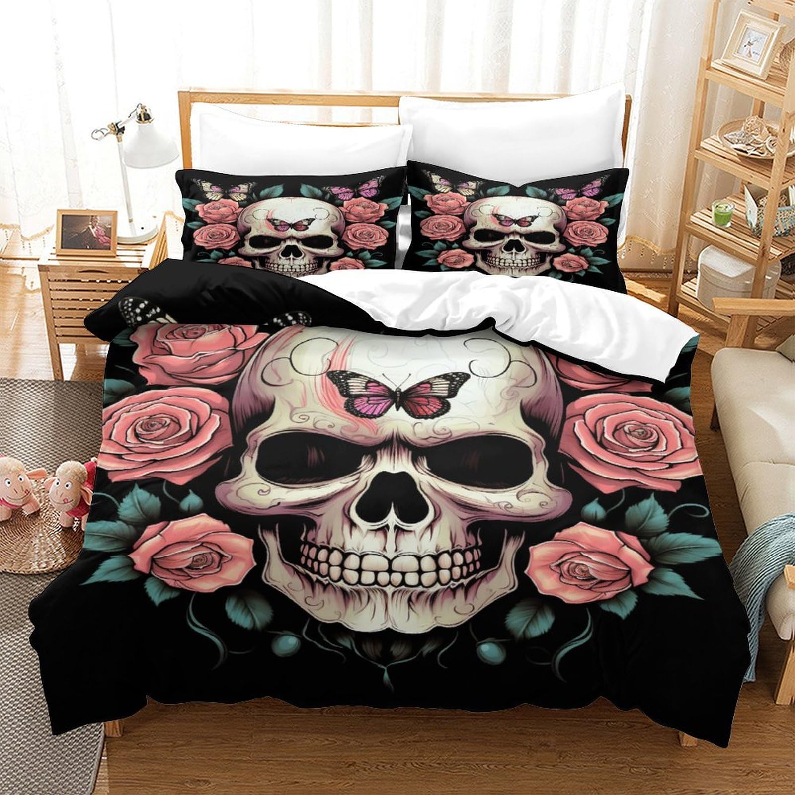 P1S9U7W5Y 3D Printed Rose Skull Duvet Cover Set 3pcs Microfiber Butterfly Skull Bedding Set King