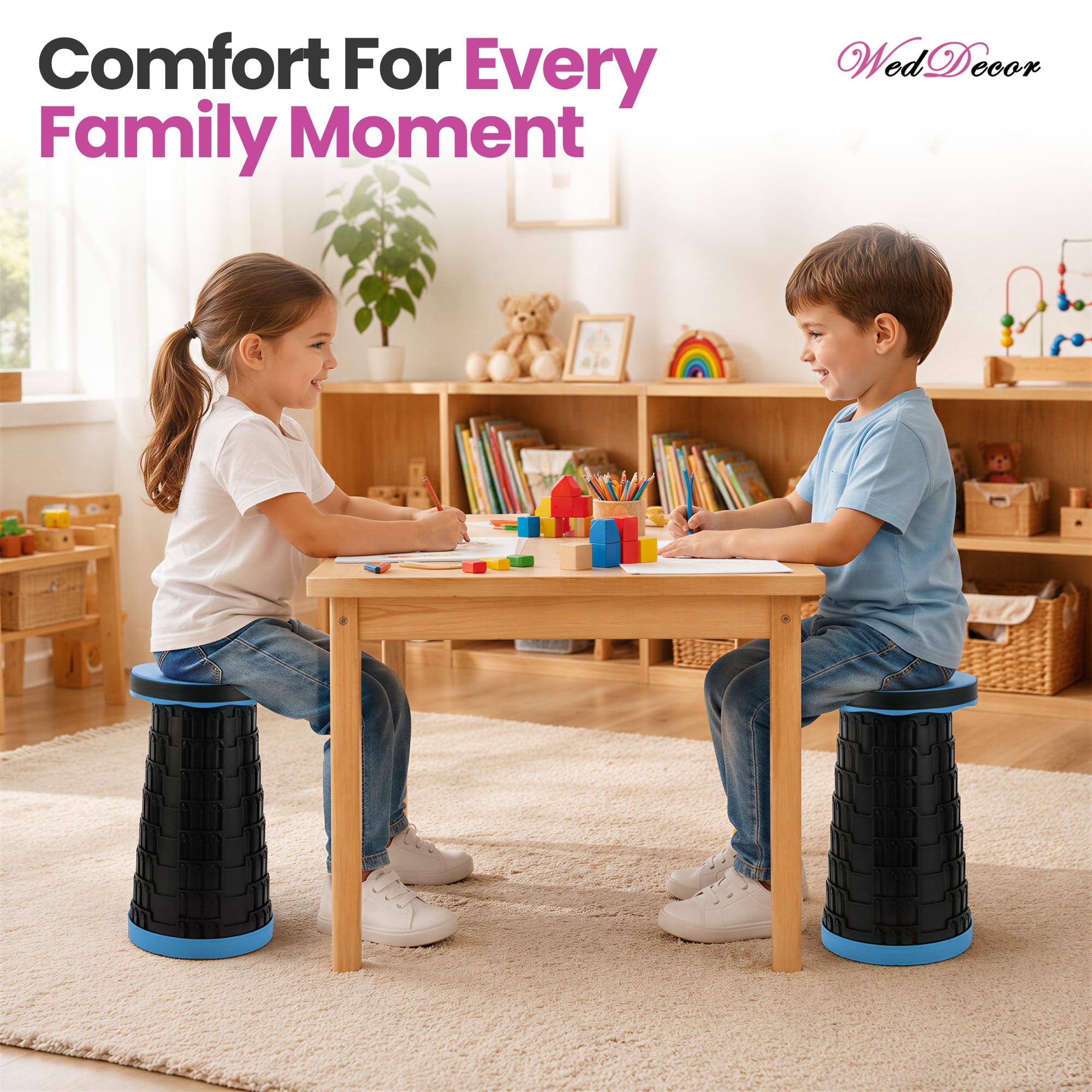 WedDecor Lot de 3 tabourets télescopiques rétractables pliables Bleu roi 200 kg | Tabouret réglable et léger en plastique avec capacité de charge de 200 kg pour camping, randonnée, jardin, barbecue et maison