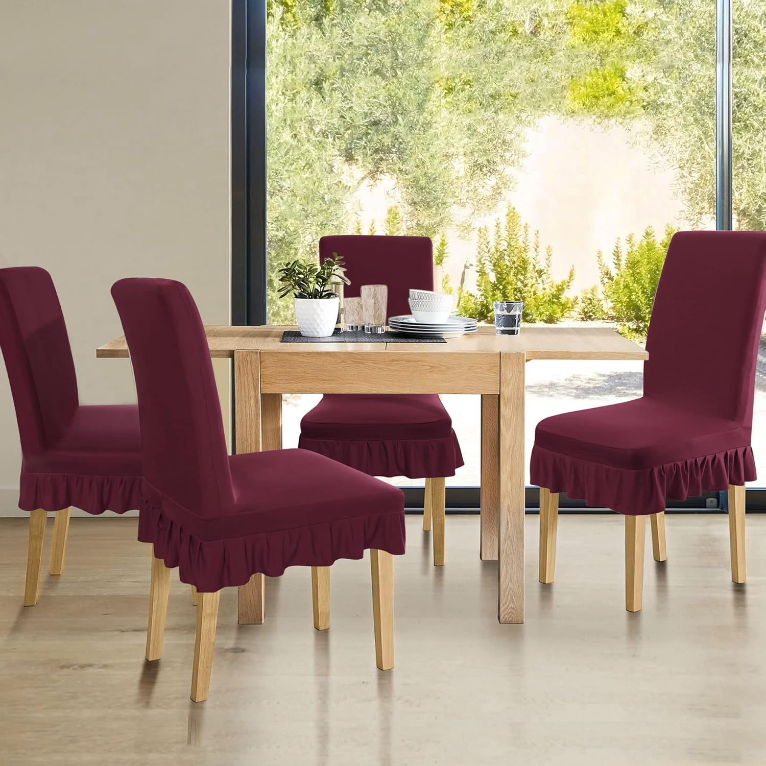 sourcing map Dining Chair Covers,Ruffled Skirt Stool Slipcover Stretch Spandex Chair Protectors Short Kitchen Chair Seat Cover for Home Dining Room Party Wedding(Medium,Burgundy) - Image 4