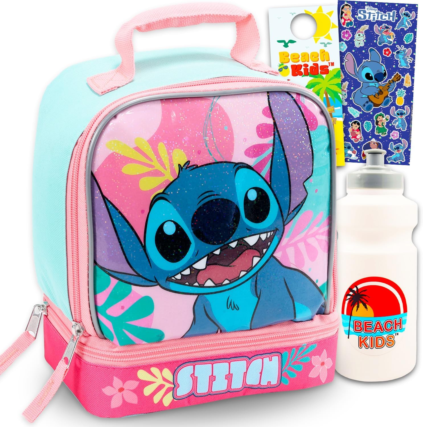 Disney Stitch Lunch Bag Set for Girls - Bundle Lunchbag with Drop Bottom Compartment, Water Bottle, Stickers, More | Lilo and Stitch Lunch Bag for Kids School