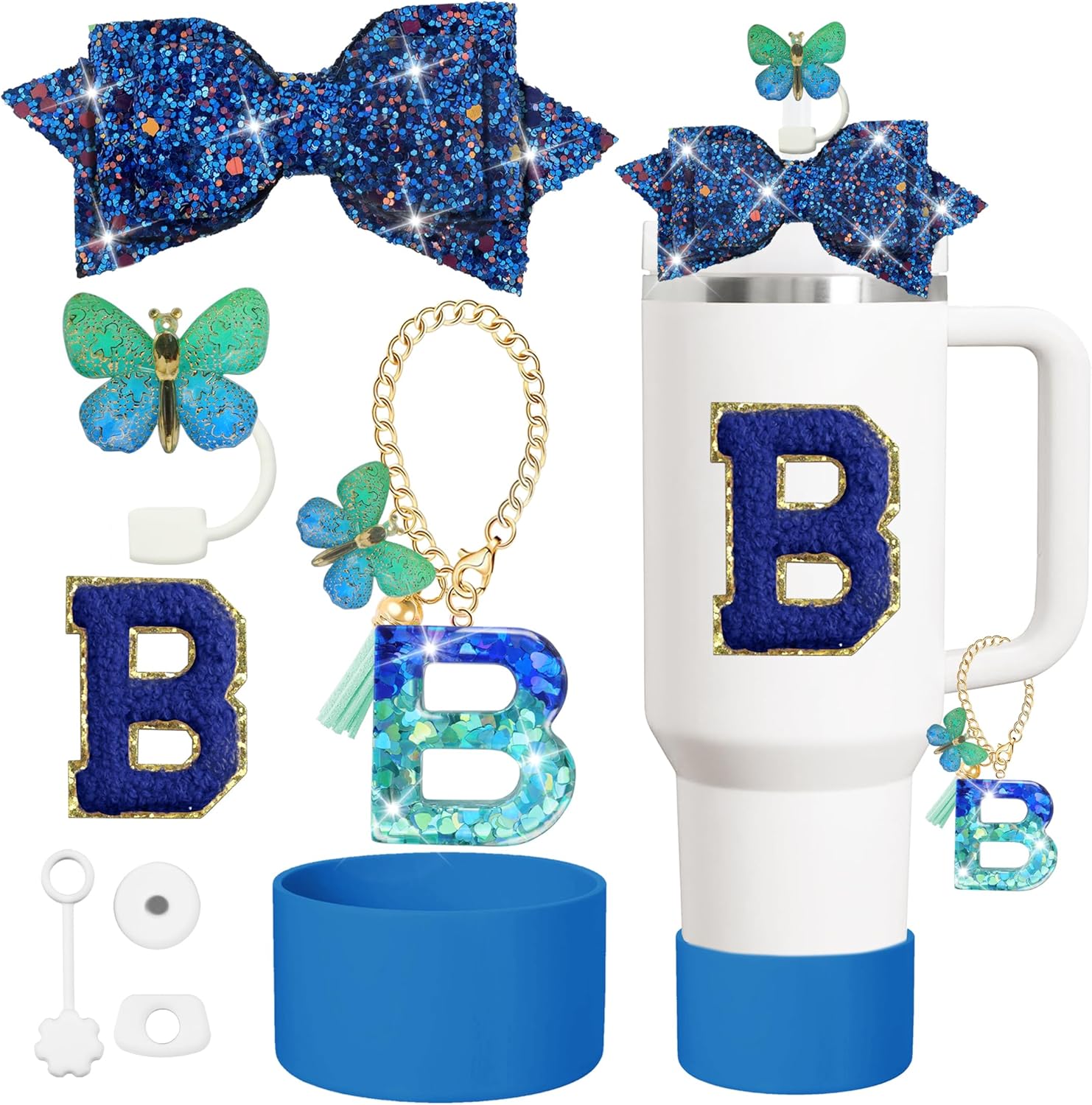 XIANGYUAN 8PCS Cup Accessories Set,Straw Cover Cap for Stanley Cup 30oz or 40oz,Sticker for Stanley Decorations,Initial Letter Charm Personalized (Blue A)