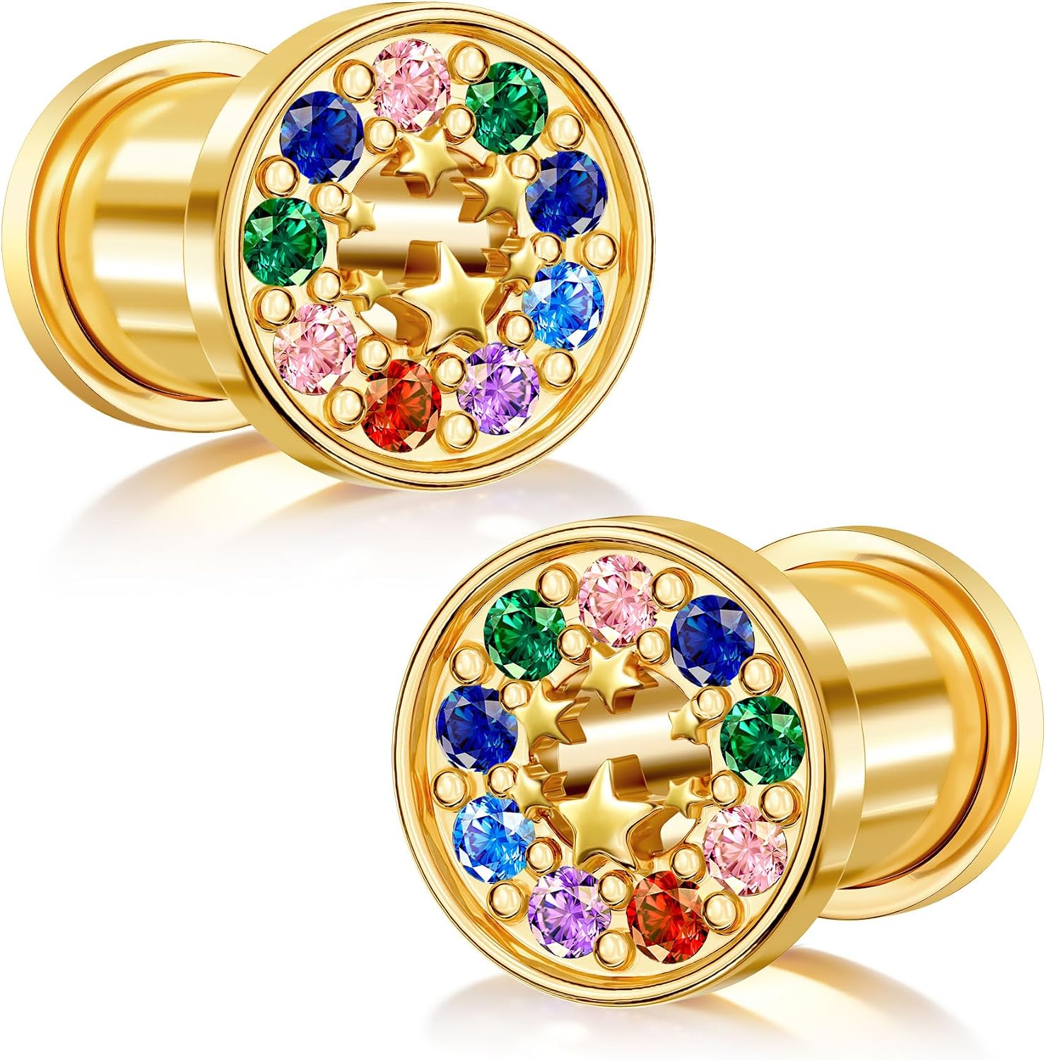 Jewseen 2026 Festival Celebration Body Piercing Tunnels 1 Pair Gold Plated Ear Gauges Hypoallergenic Lightweight 316L Surgical Steel Shiny Rainbow Zircon Plugs